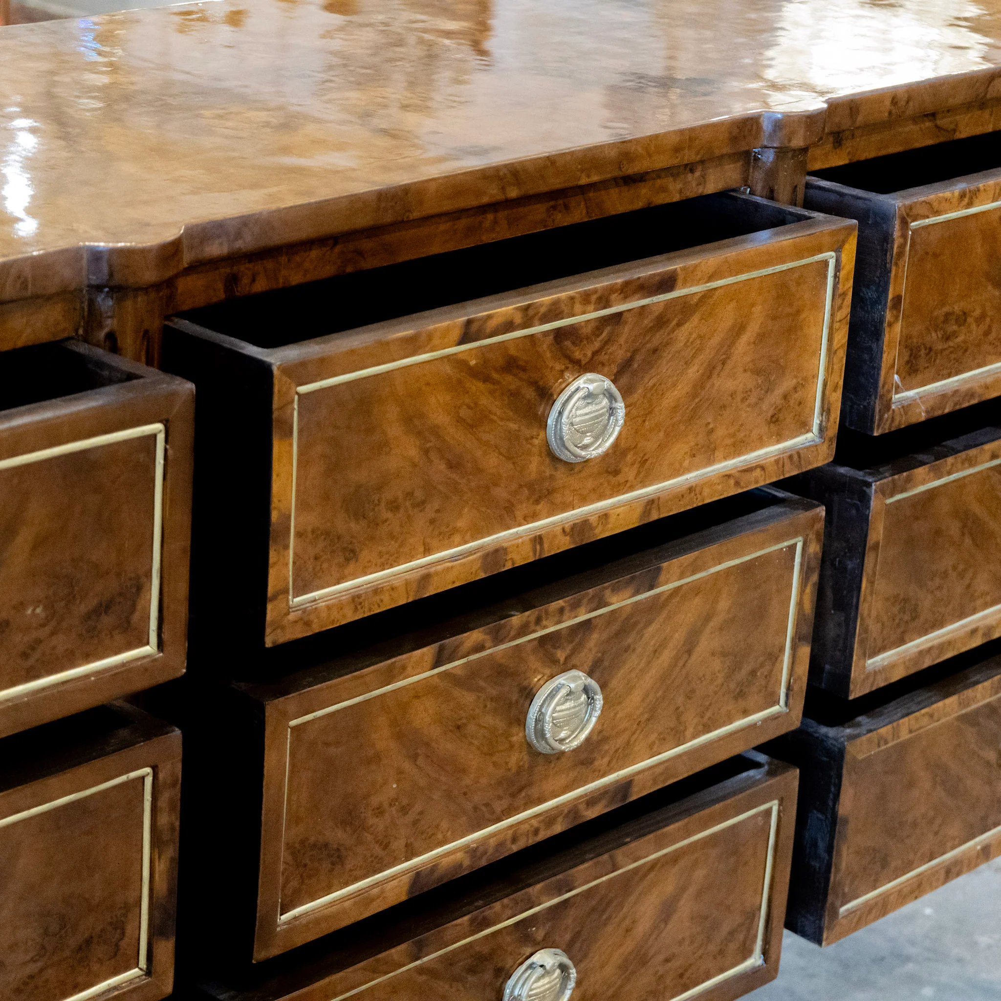 Louis XVI Burl Wood Nine Drawer Dresser – Brass Inlay & Greek Pulls - Image 12