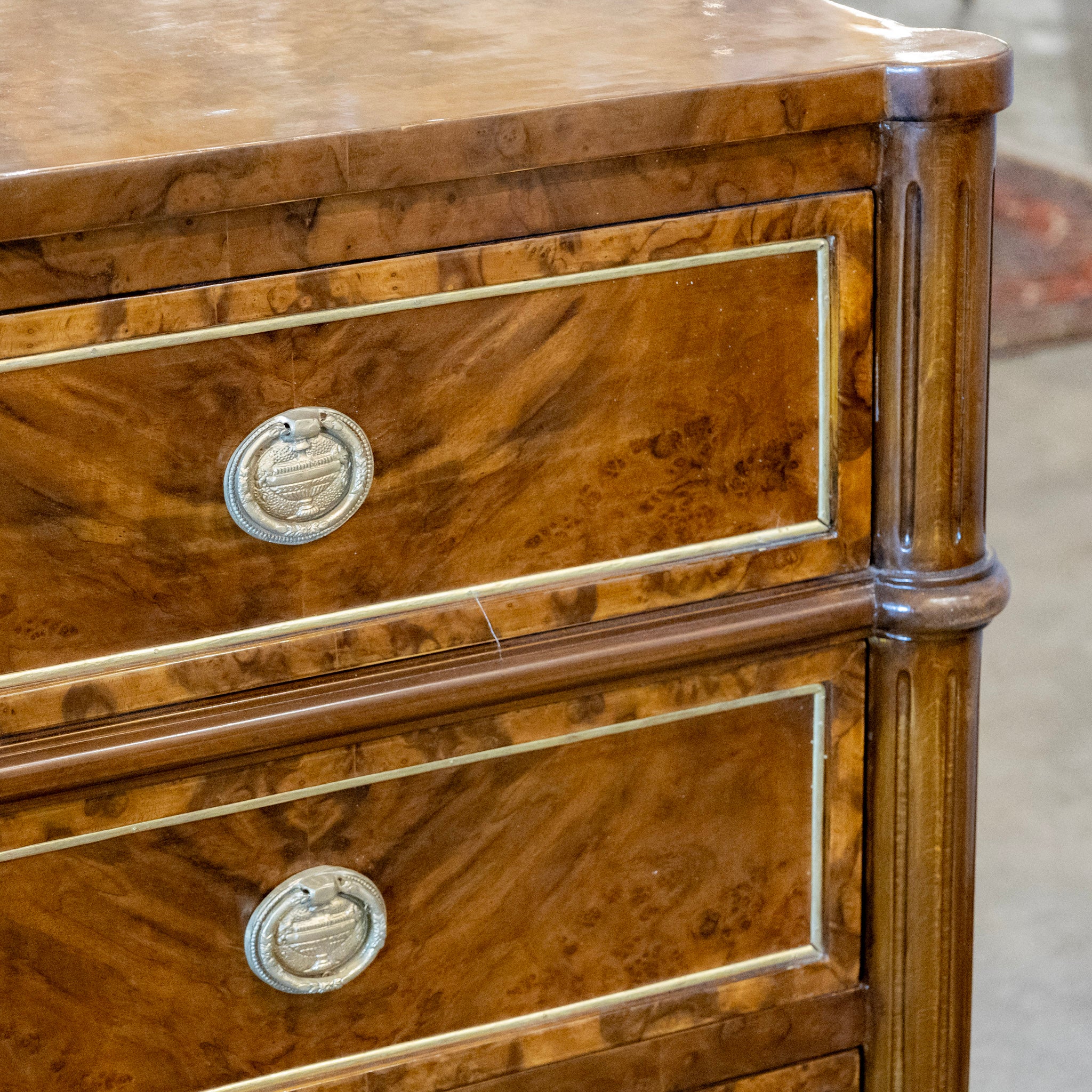 Louis XVI Burl Wood Nine Drawer Dresser – Brass Inlay & Greek Pulls - Image 13