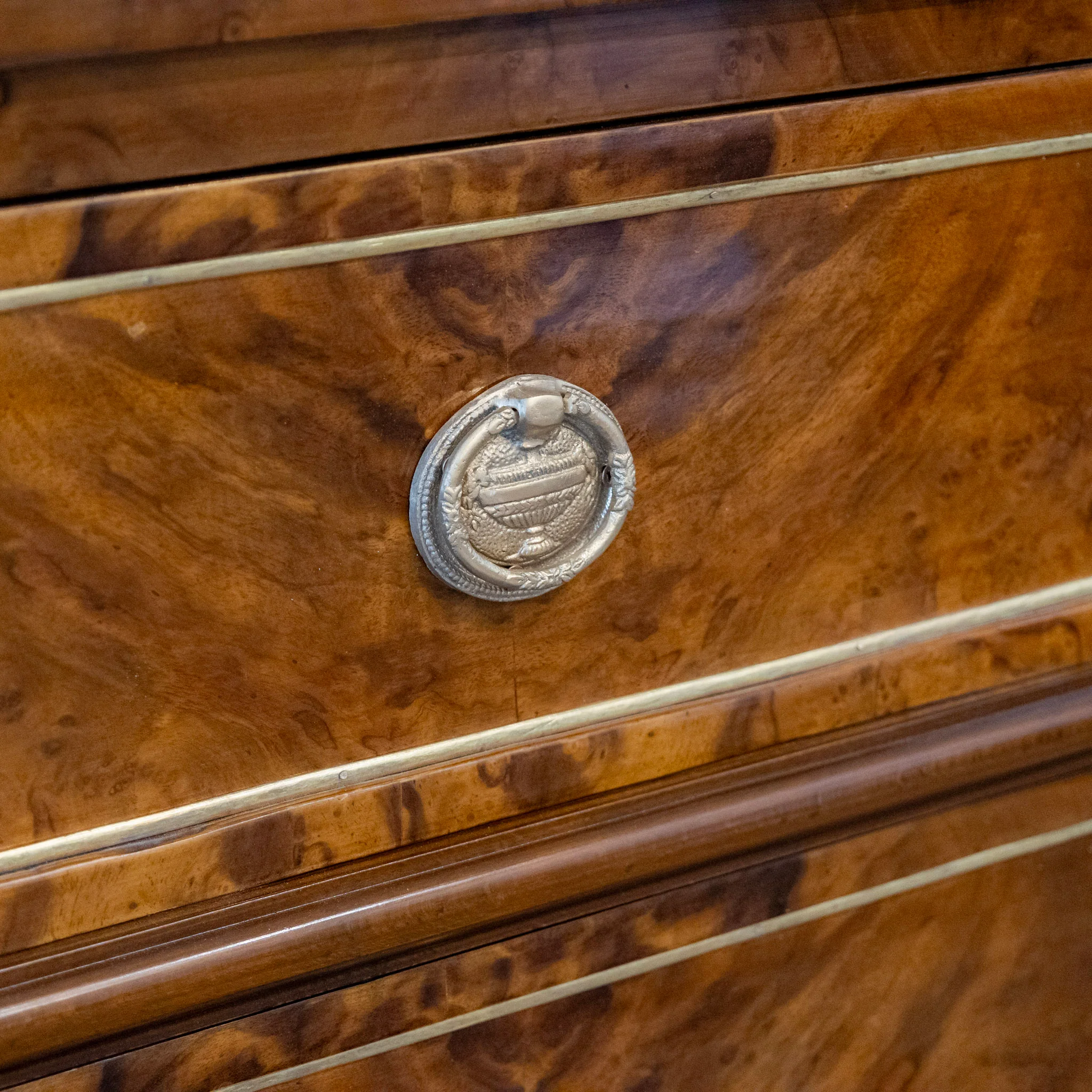 Louis XVI Burl Wood Nine Drawer Dresser – Brass Inlay & Greek Pulls - Image 14
