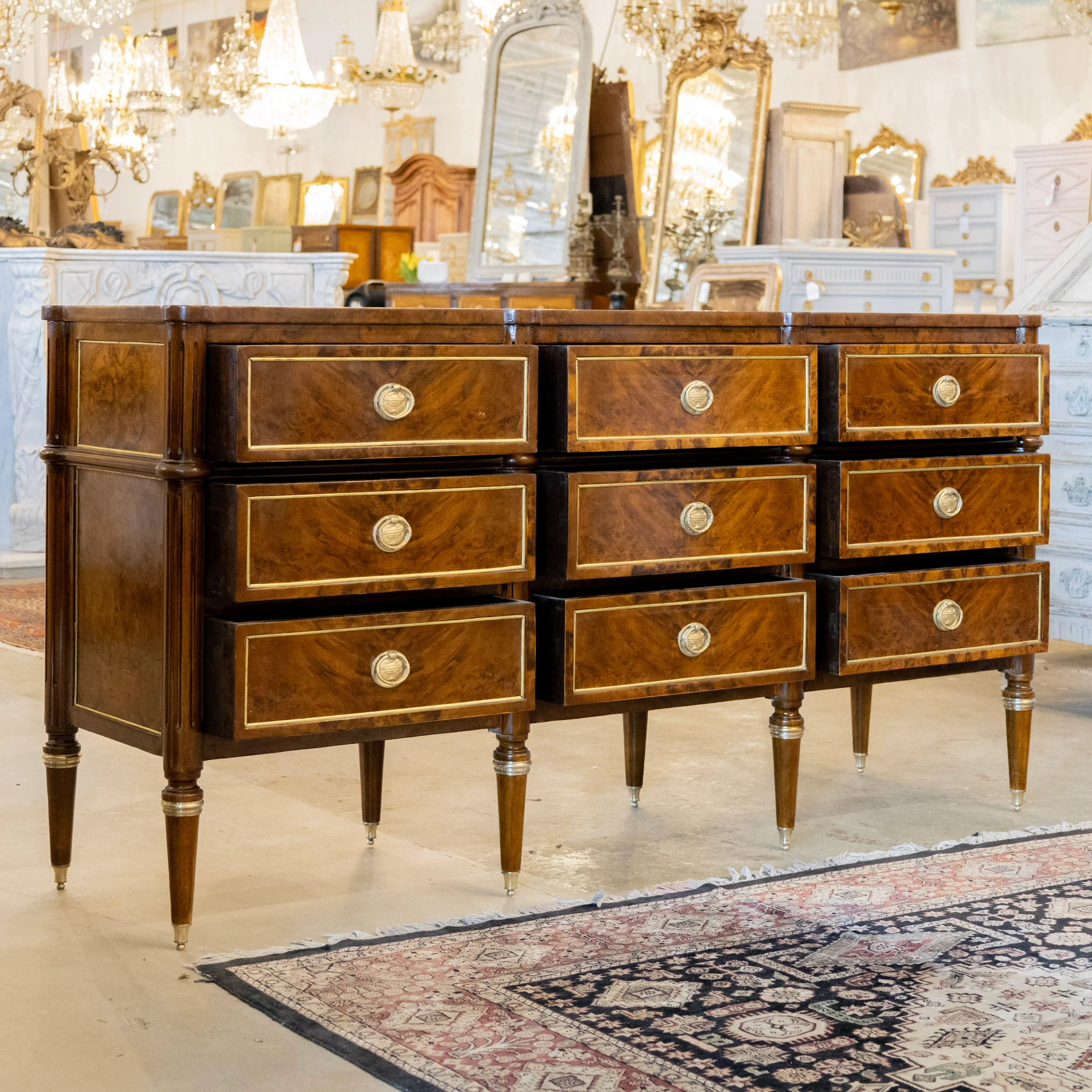 Louis XVI Burl Wood Nine Drawer Dresser – Brass Inlay & Greek Pulls - Image 3
