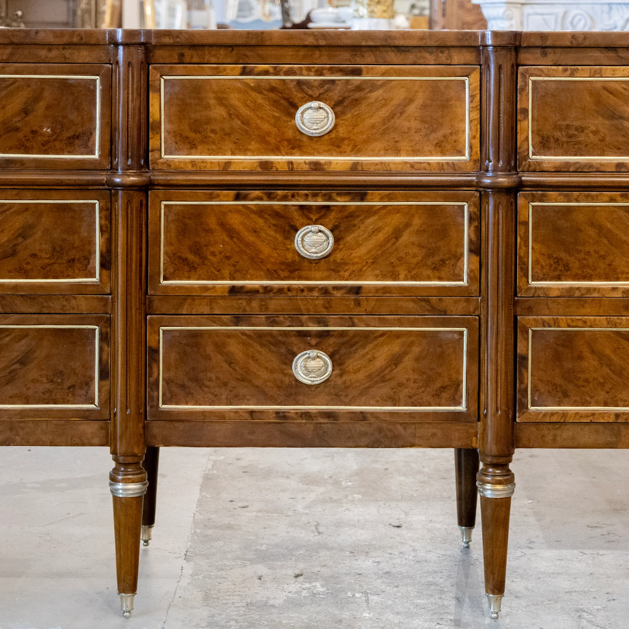 Louis XVI Burl Wood Nine Drawer Dresser – Brass Inlay & Greek Pulls - Image 4