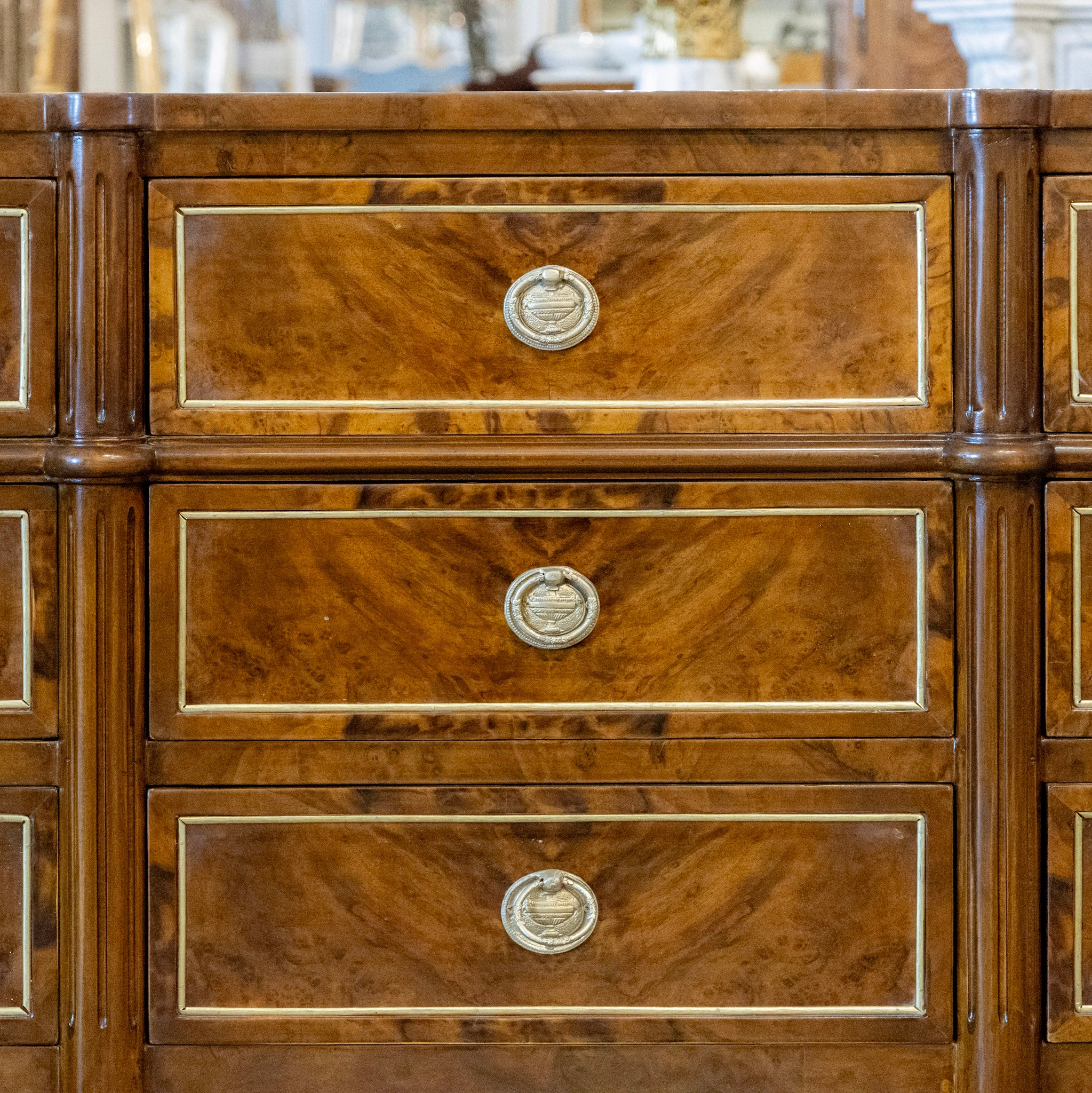 Louis XVI Burl Wood Nine Drawer Dresser – Brass Inlay & Greek Pulls - Image 5