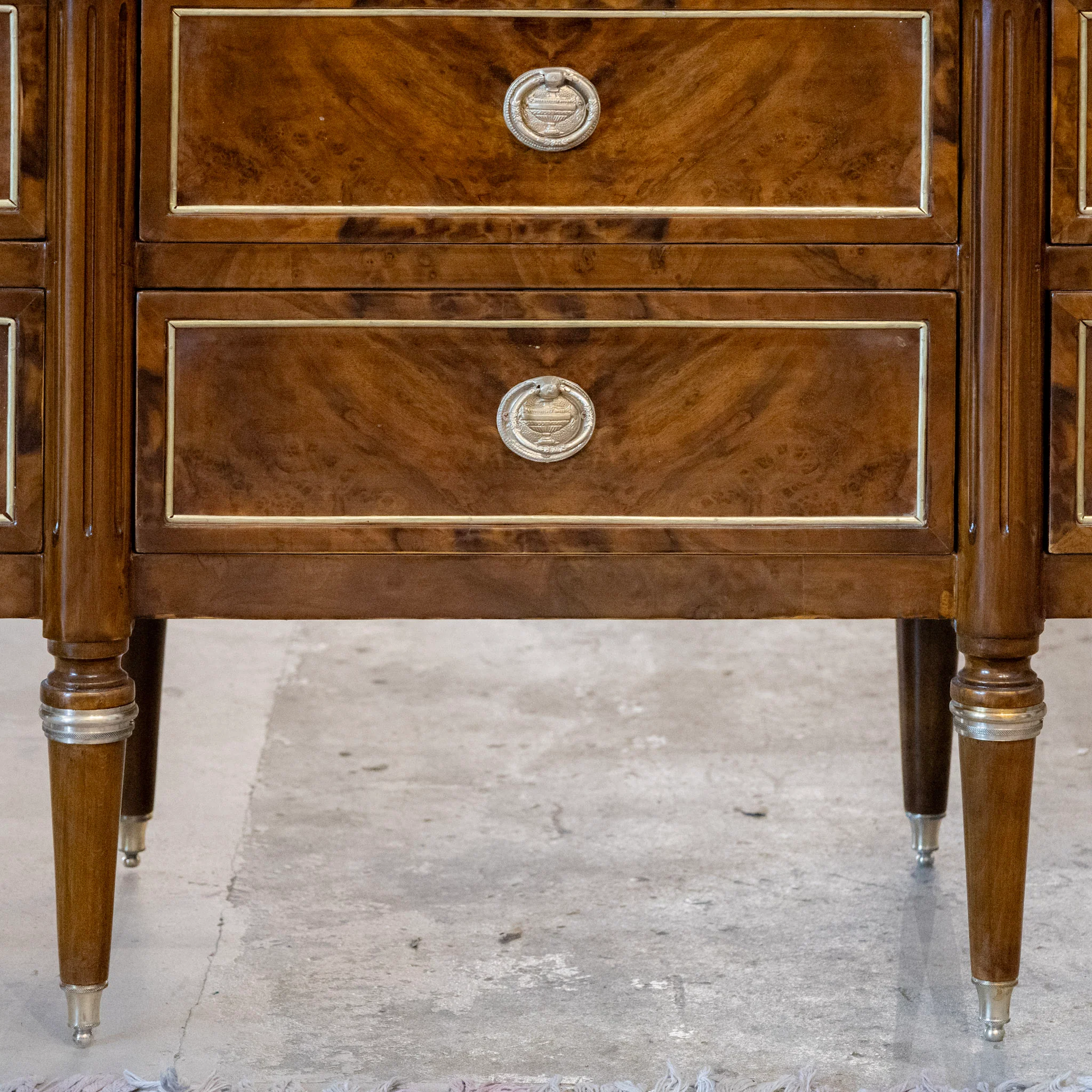 Louis XVI Burl Wood Nine Drawer Dresser – Brass Inlay & Greek Pulls - Image 6