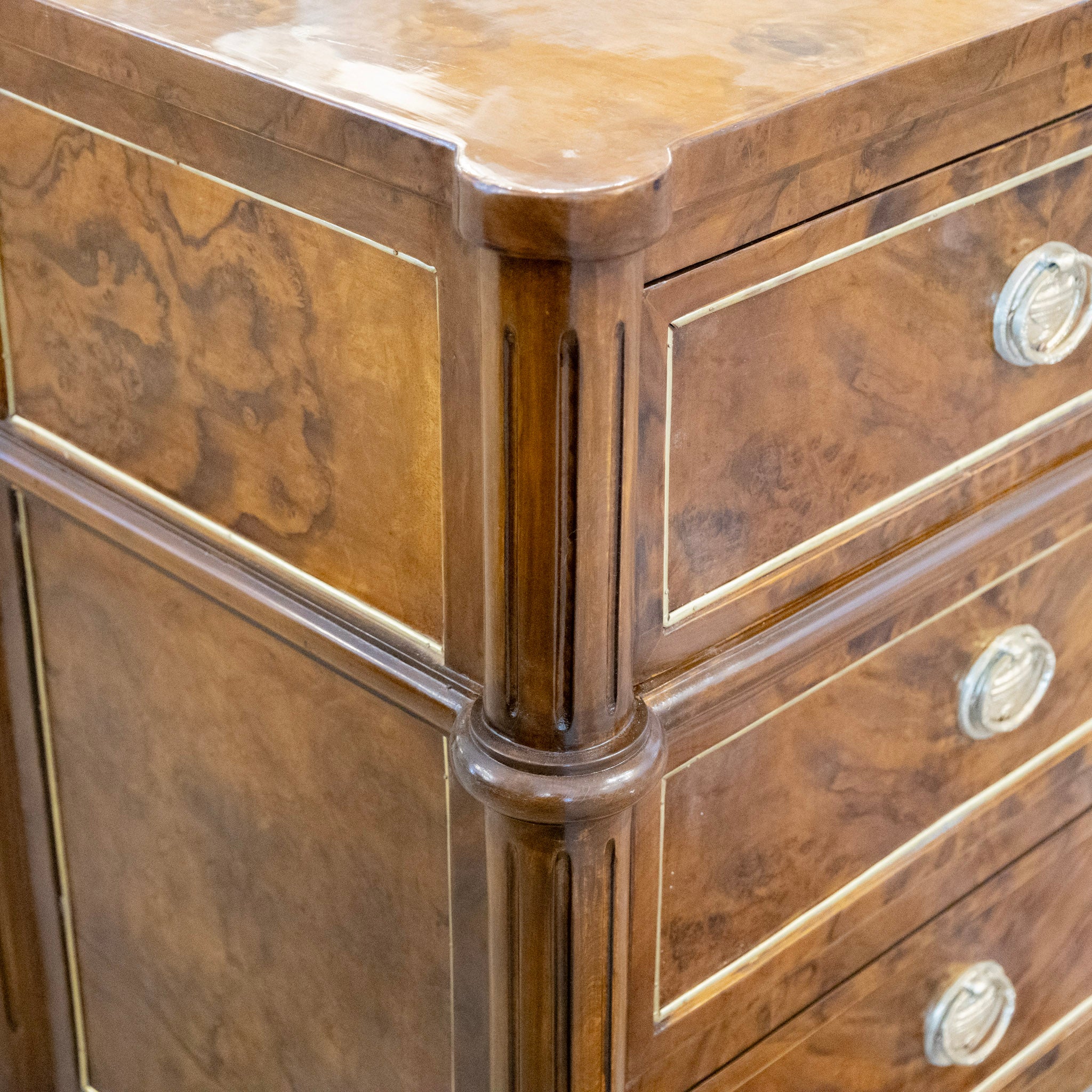 Louis XVI Burl Wood Nine Drawer Dresser – Brass Inlay & Greek Pulls - Image 8