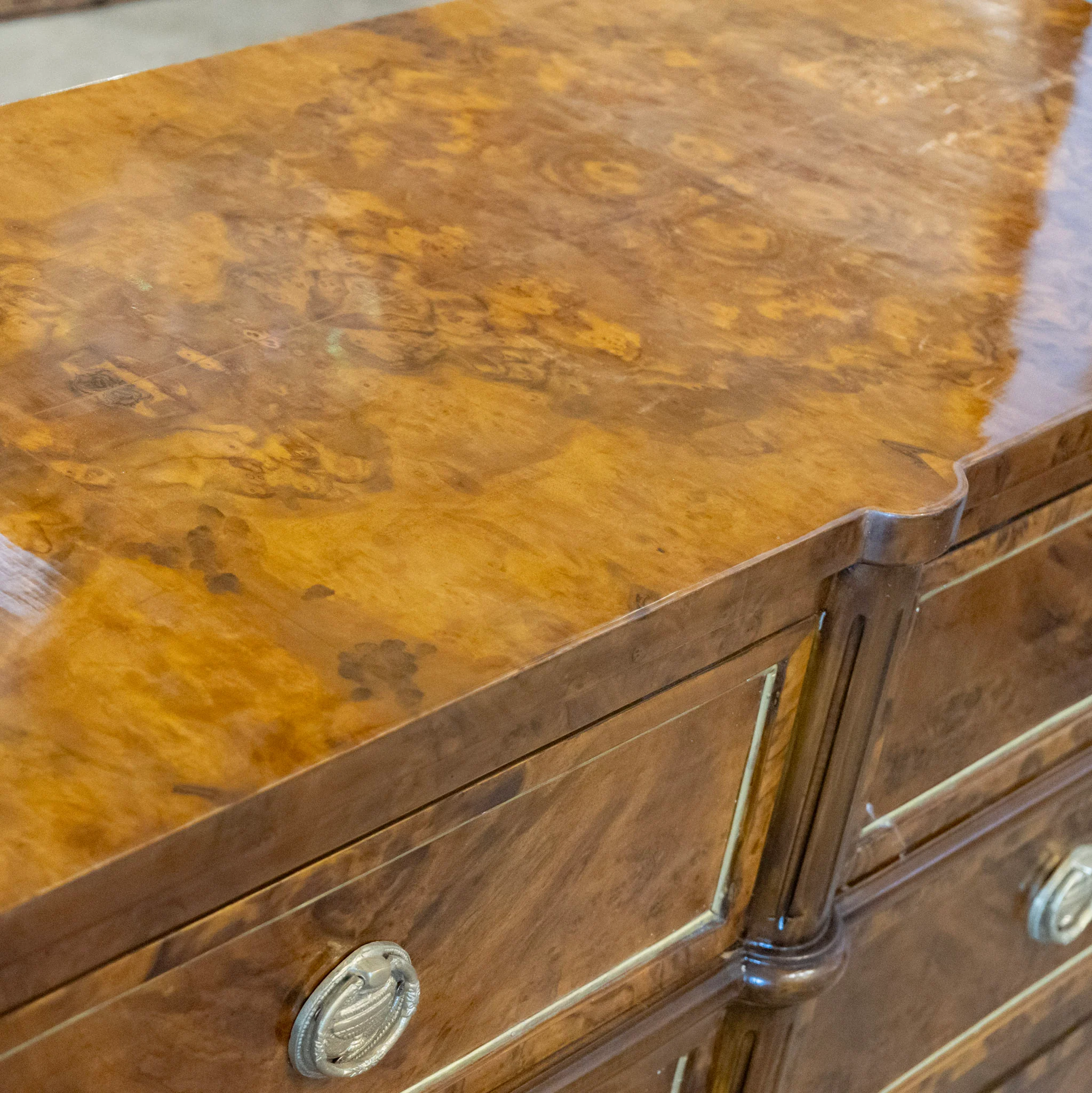 Louis XVI Burl Wood Nine Drawer Dresser – Brass Inlay & Greek Pulls - Image 9