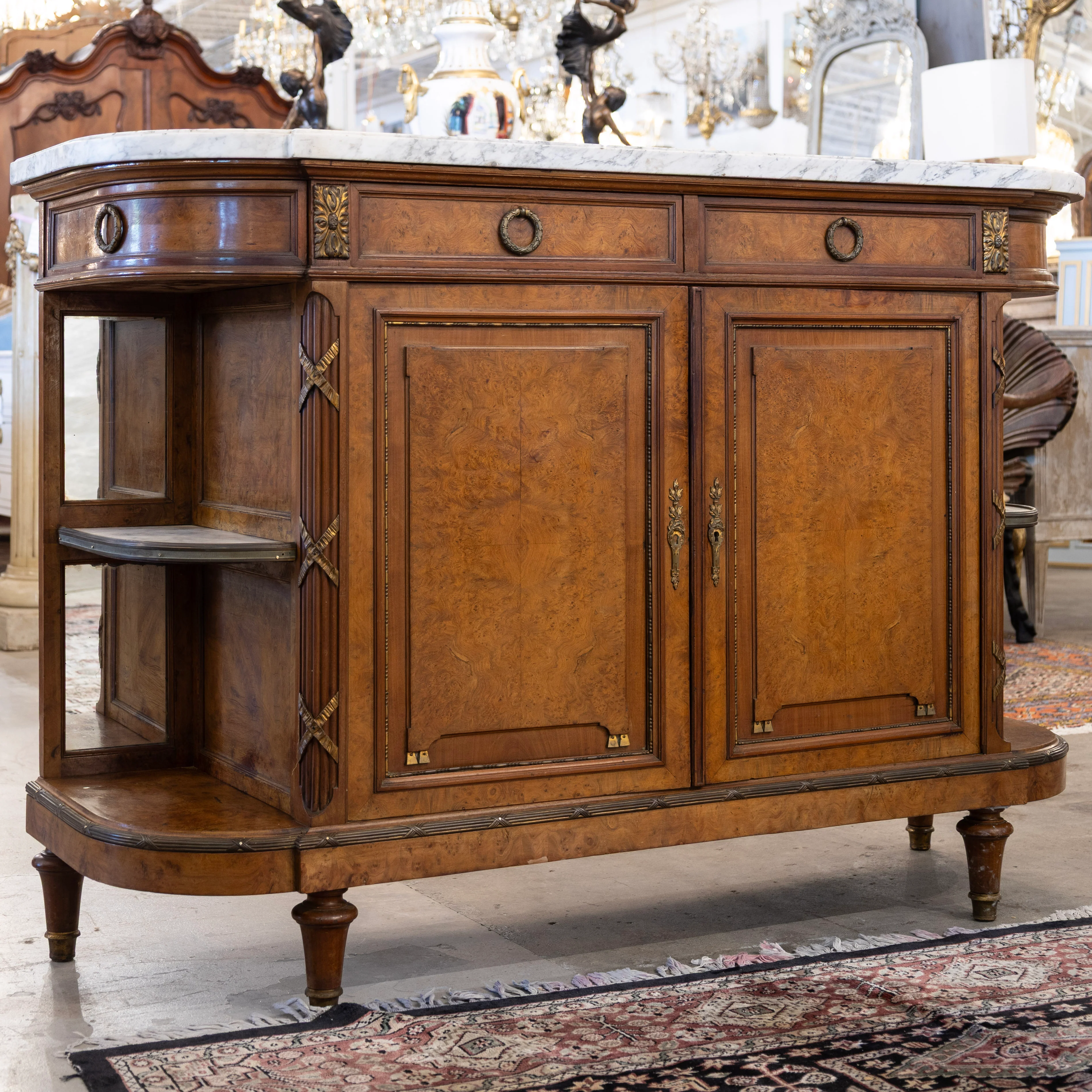 Louis XVI Burl Wood Sideboard –  Floral Interior & White Marble Top - Image 3