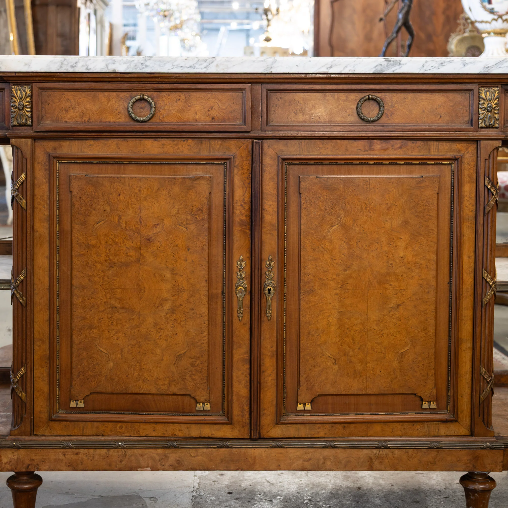 Louis XVI Burl Wood Sideboard –  Floral Interior & White Marble Top - Image 4