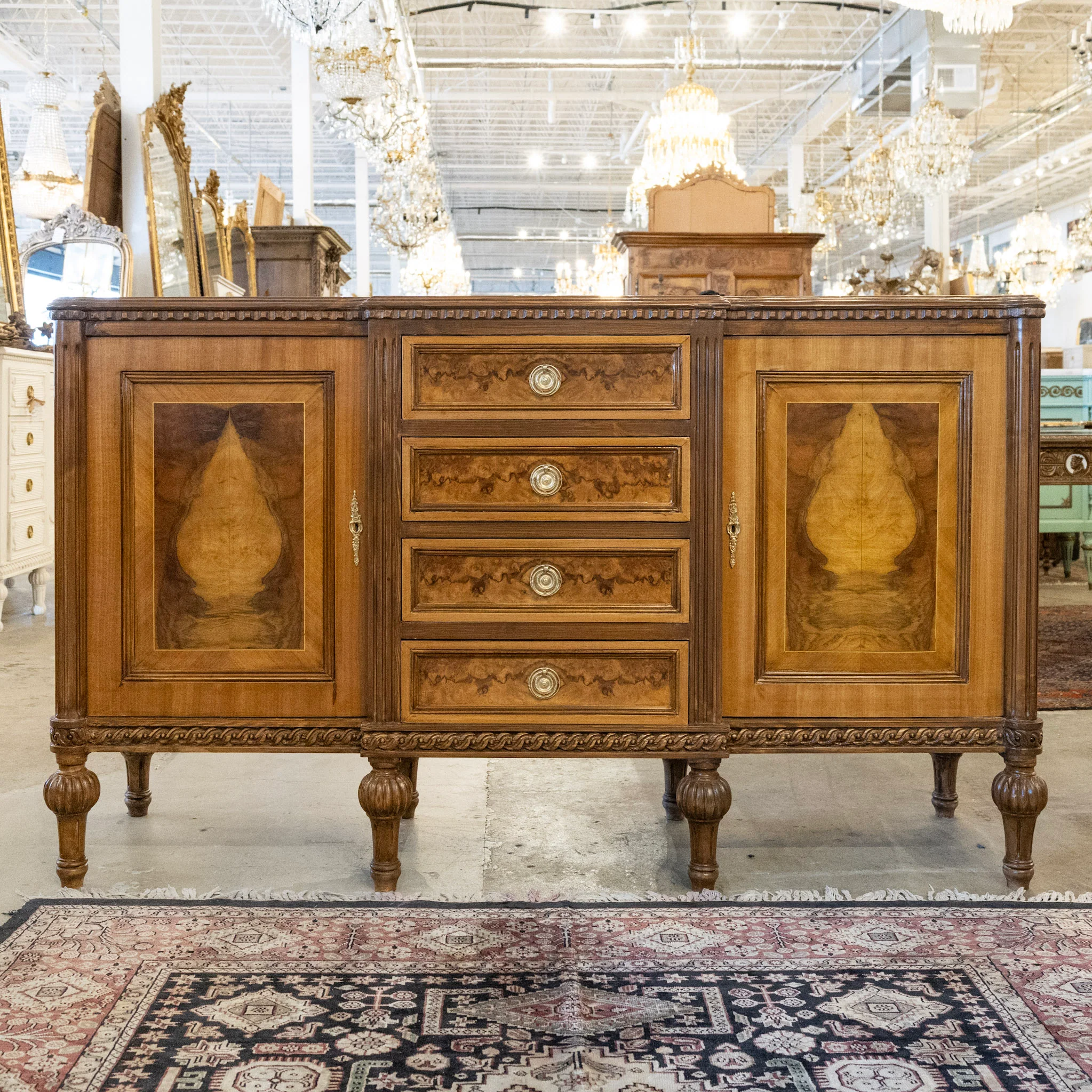 Louis XVI Burl Wood Sideboard – Rope Trim & Ballerina Legs