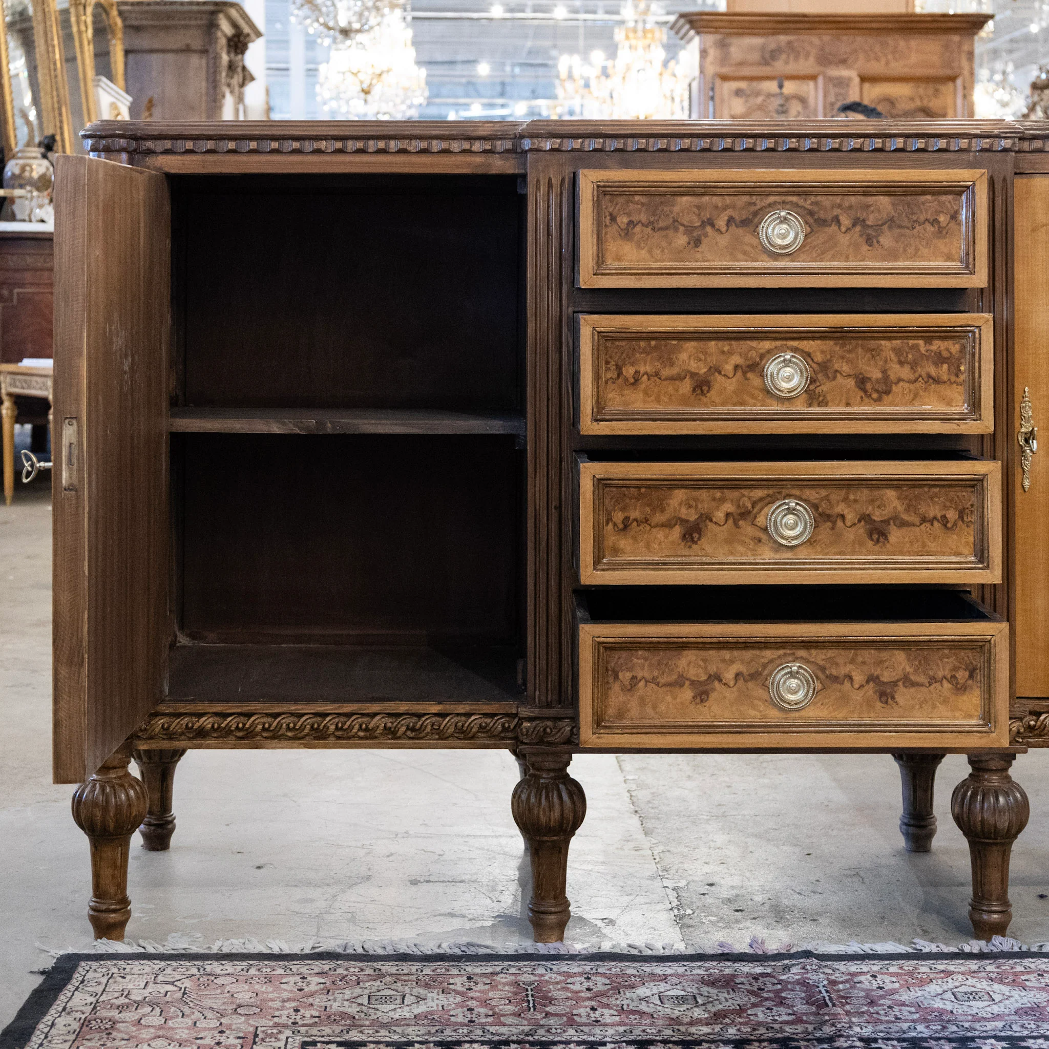 Louis XVI Burl Wood Sideboard – Rope Trim & Ballerina Legs - Image 4