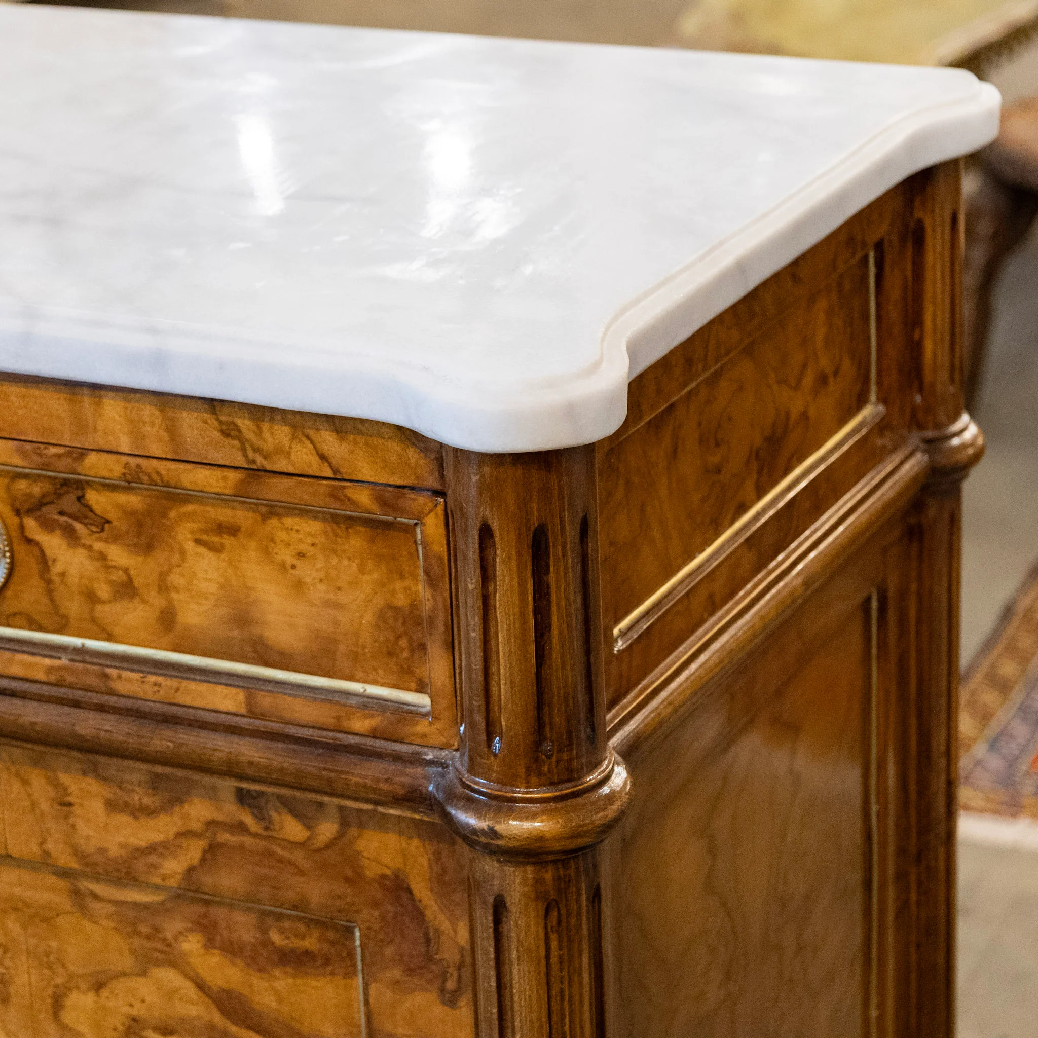 Louis XVI Burl Wood Sideboard with Brass Hardware & White Marble Top - Image 10