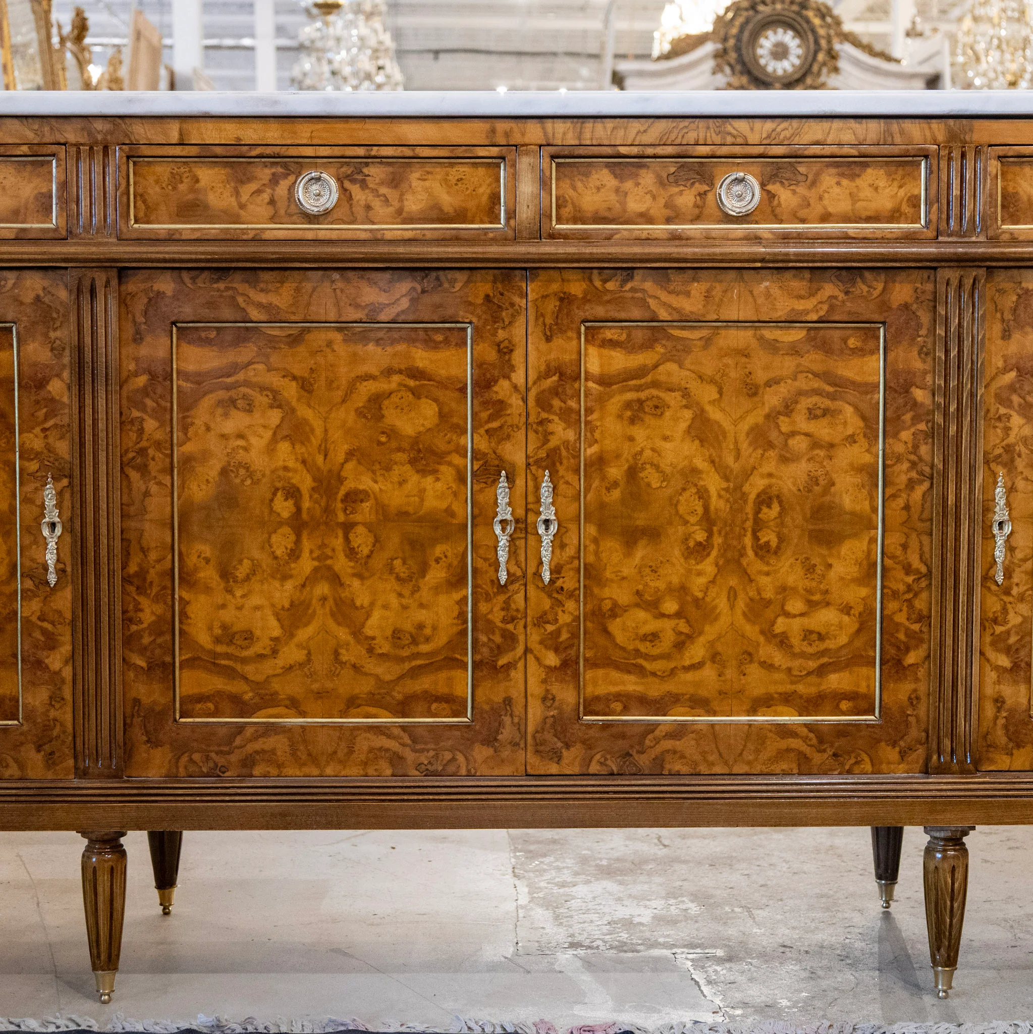 Louis XVI Burl Wood Sideboard with Brass Hardware & White Marble Top - Image 2