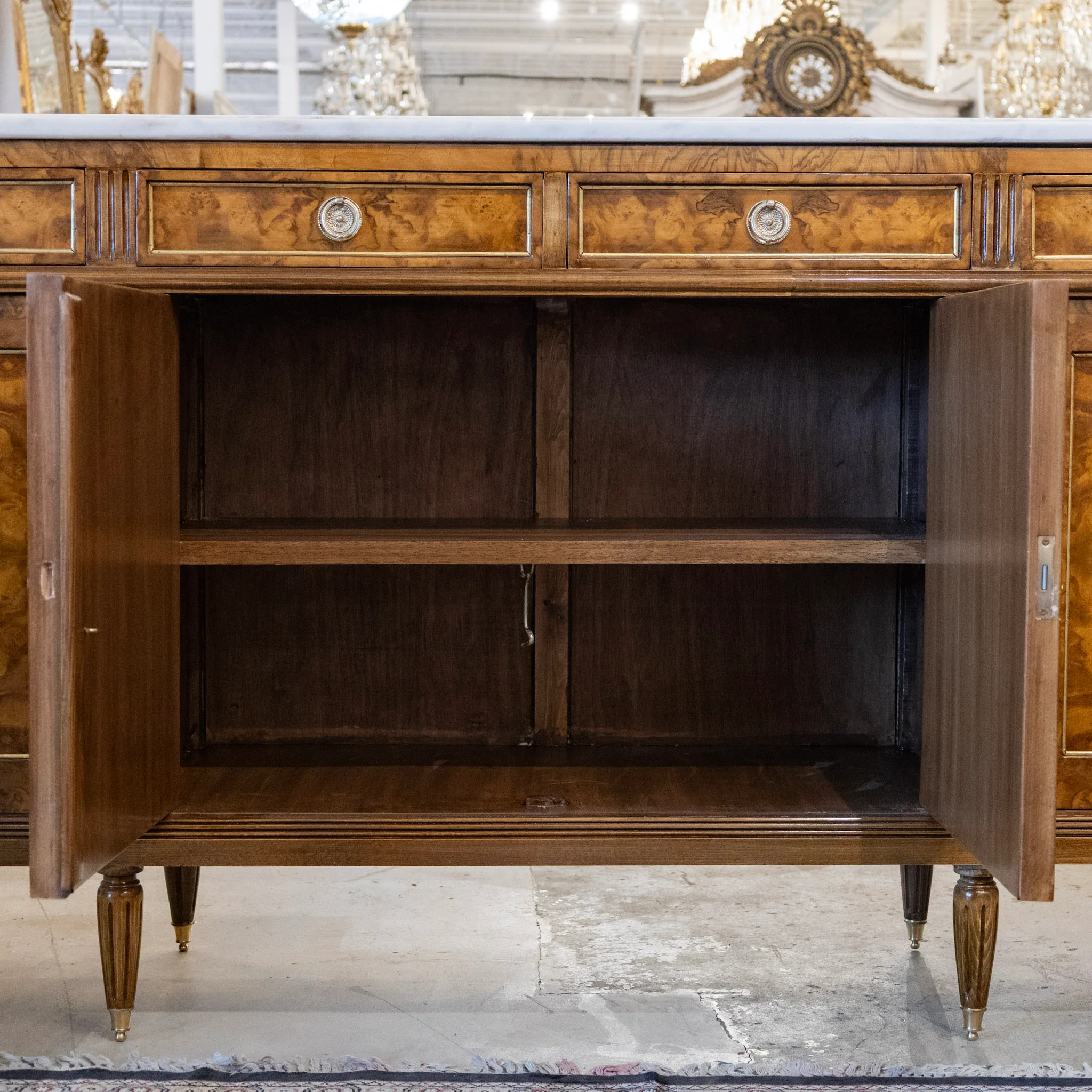 Louis XVI Burl Wood Sideboard with Brass Hardware & White Marble Top - Image 3