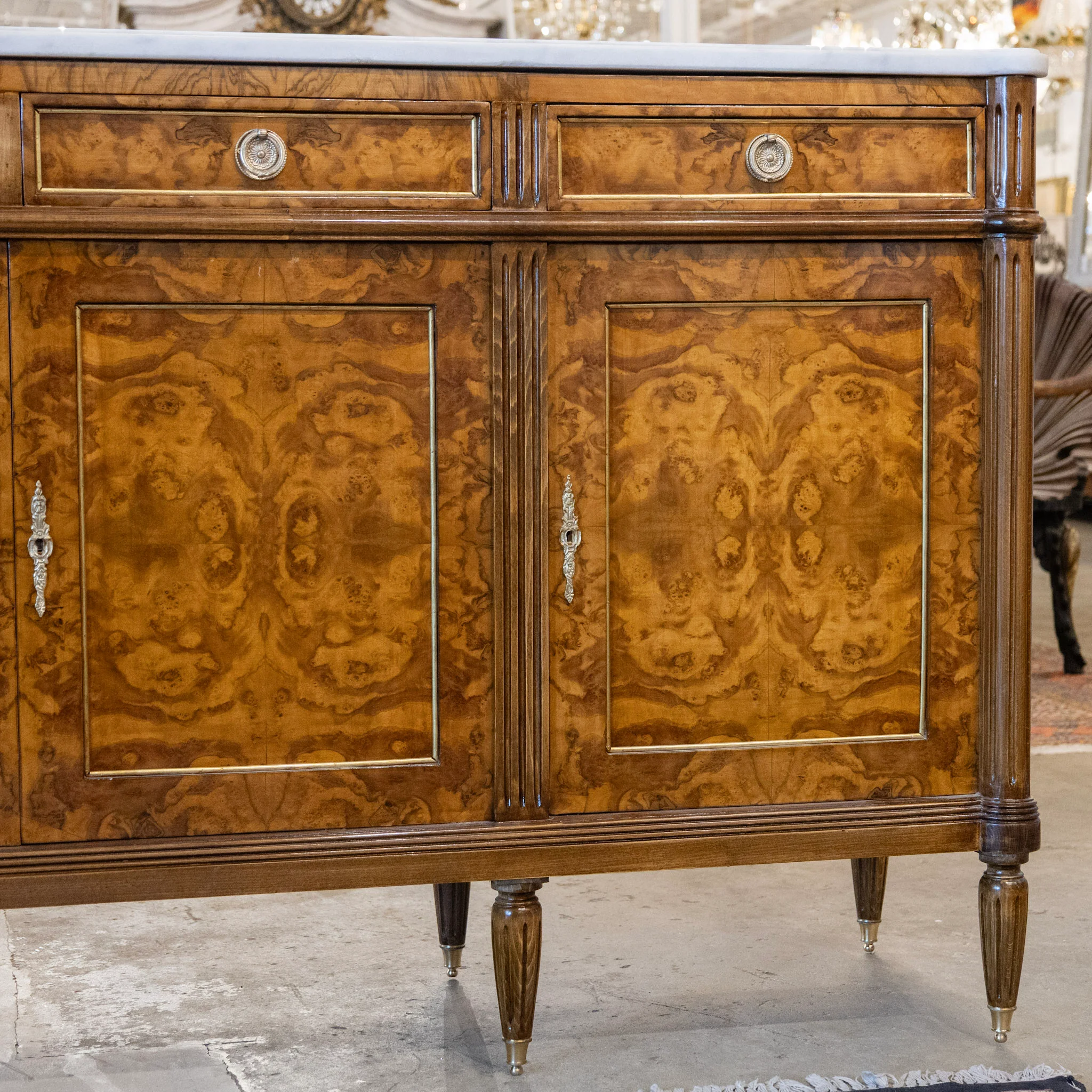 Louis XVI Burl Wood Sideboard with Brass Hardware & White Marble Top - Image 4