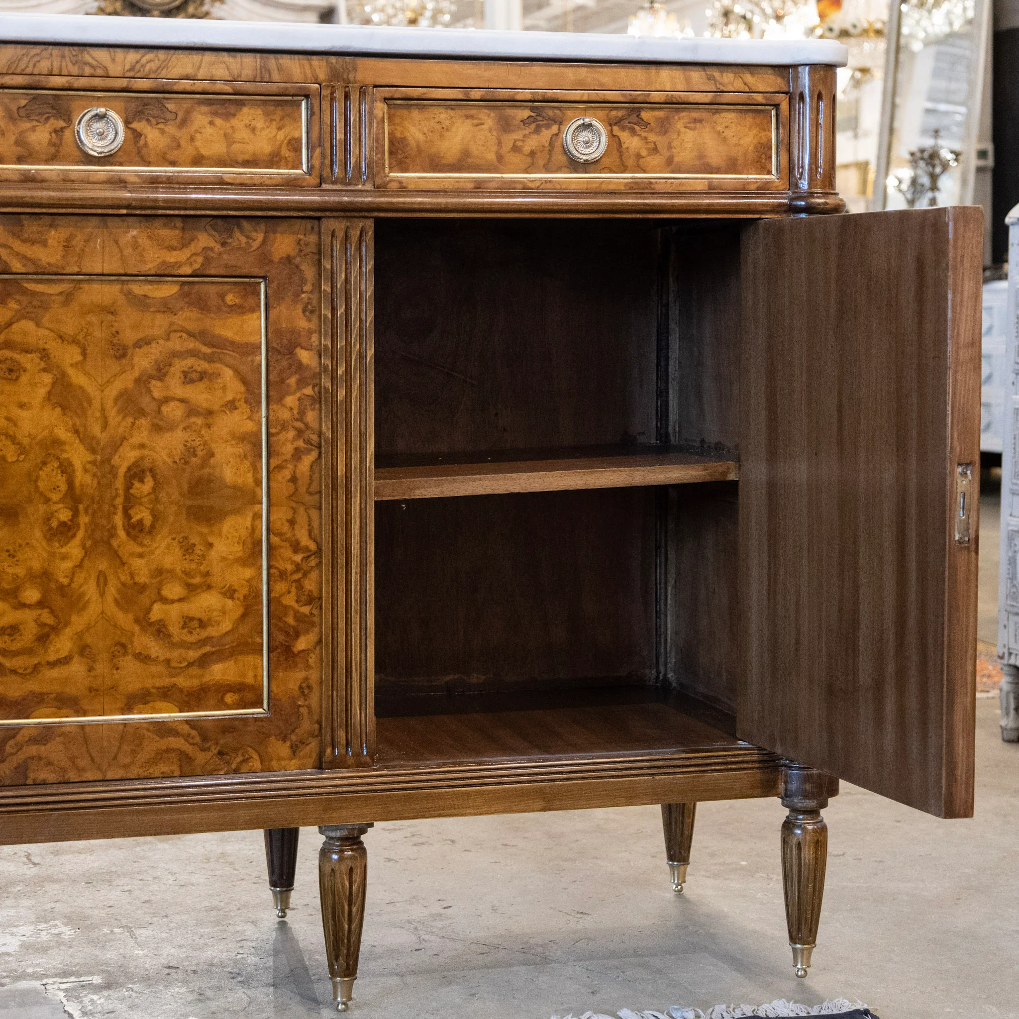 Louis XVI Burl Wood Sideboard with Brass Hardware & White Marble Top - Image 5