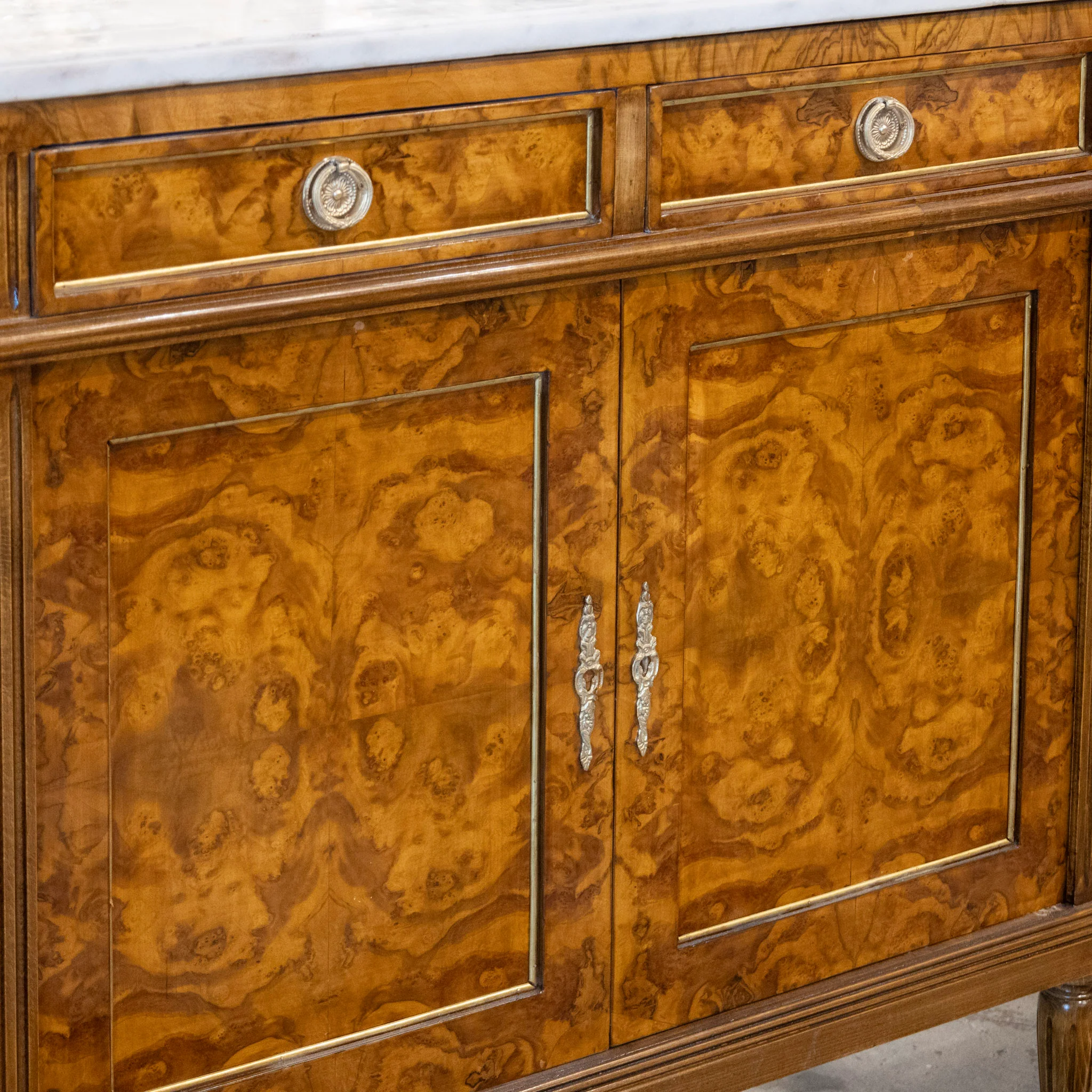 Louis XVI Burl Wood Sideboard with Brass Hardware & White Marble Top - Image 6
