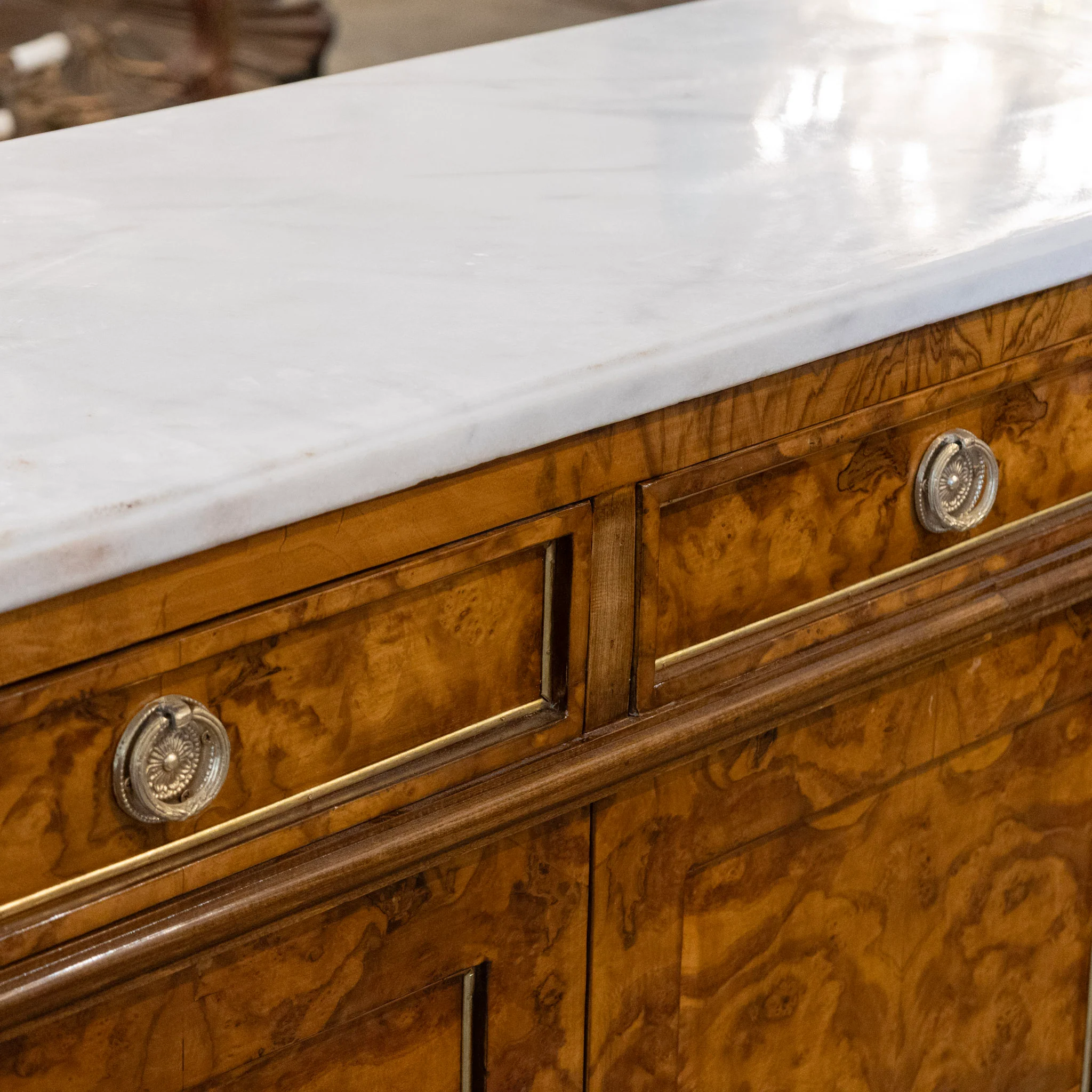 Louis XVI Burl Wood Sideboard with Brass Hardware & White Marble Top - Image 7