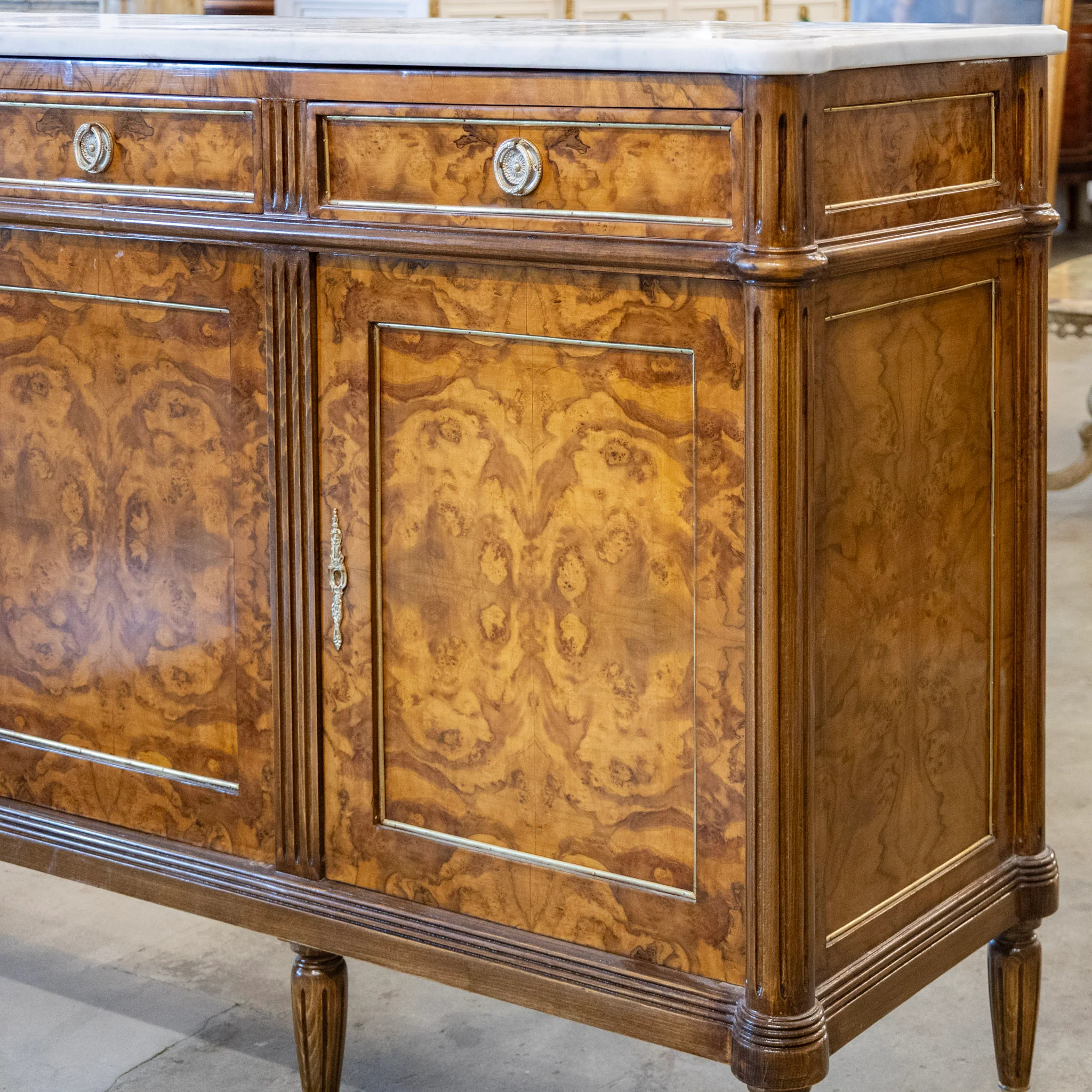 Louis XVI Burl Wood Sideboard with Brass Hardware & White Marble Top - Image 9