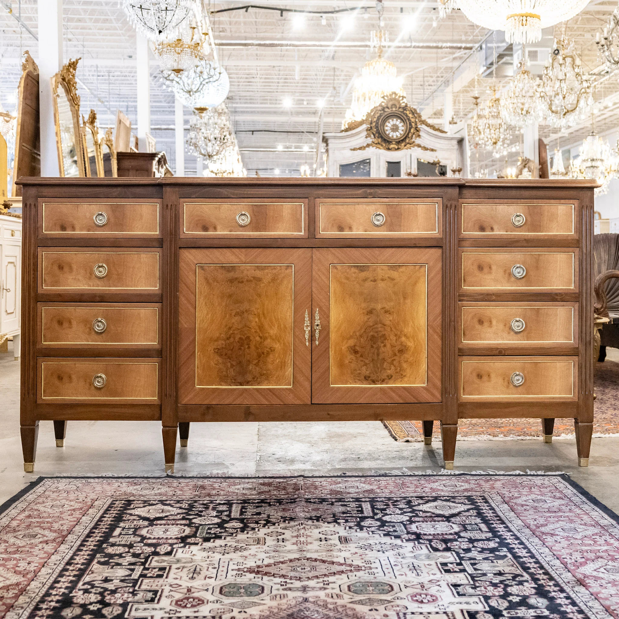 Louis XVI Burl Wood Sideboard with Gold Inlay & Brass Pulls