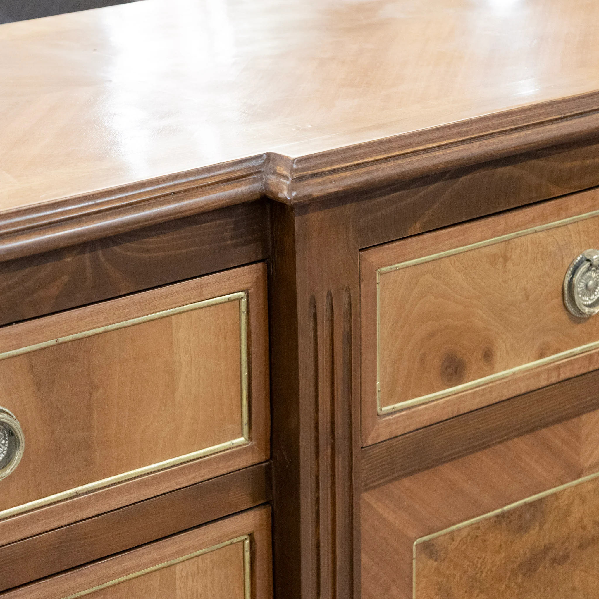 Louis XVI Burl Wood Sideboard with Gold Inlay & Brass Pulls - Image 10
