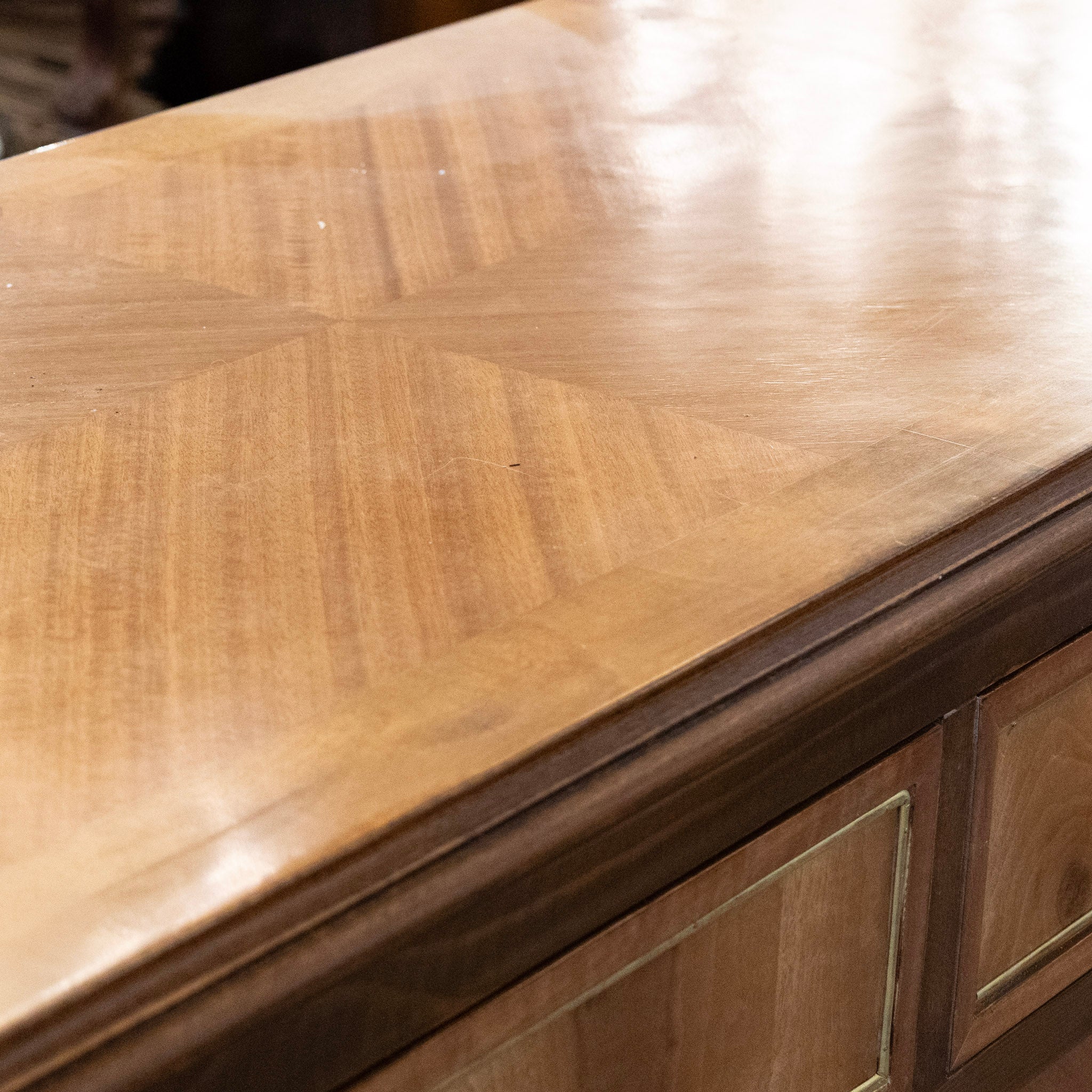 Louis XVI Burl Wood Sideboard with Gold Inlay & Brass Pulls - Image 11