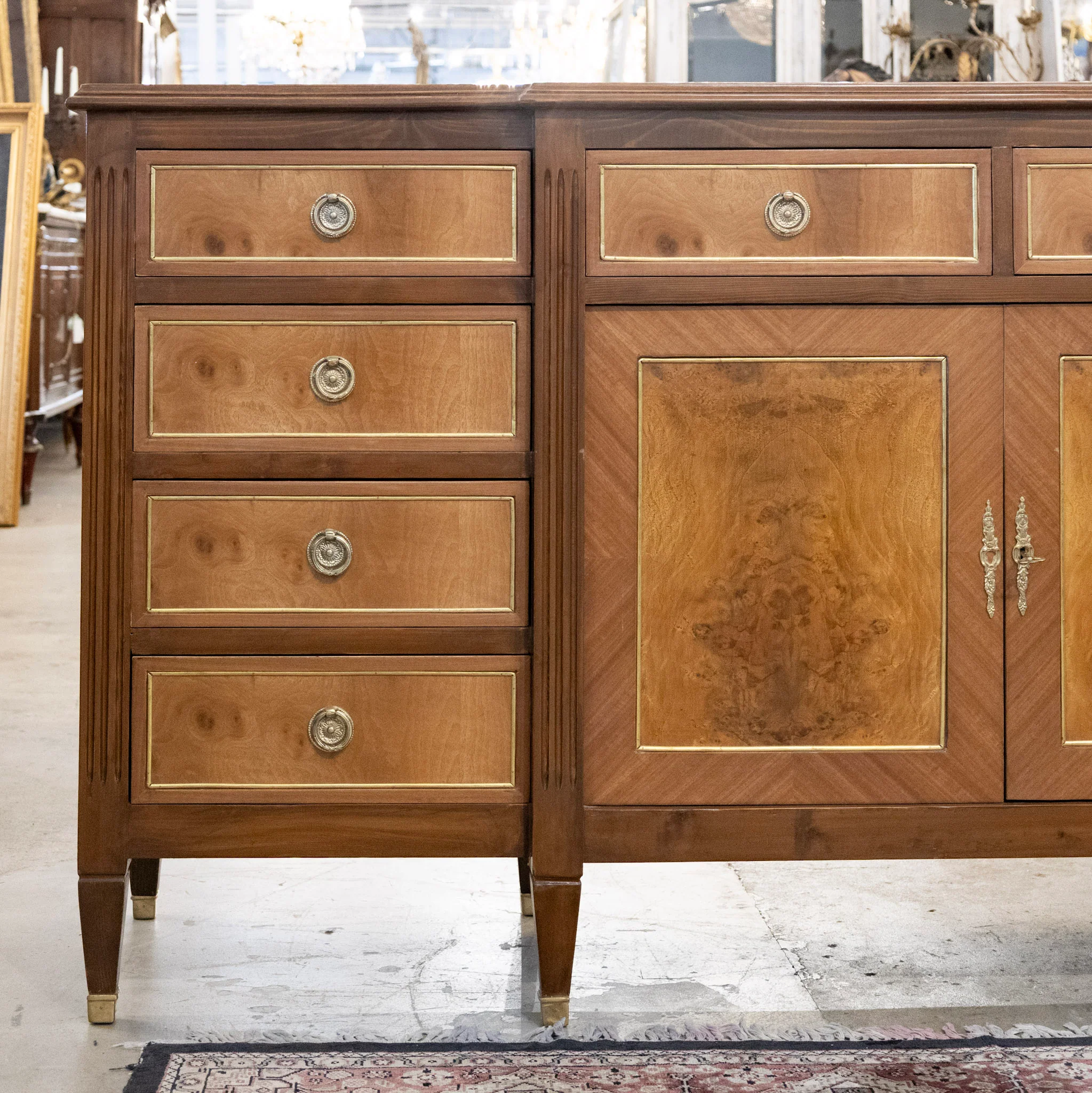 Louis XVI Burl Wood Sideboard with Gold Inlay & Brass Pulls - Image 2
