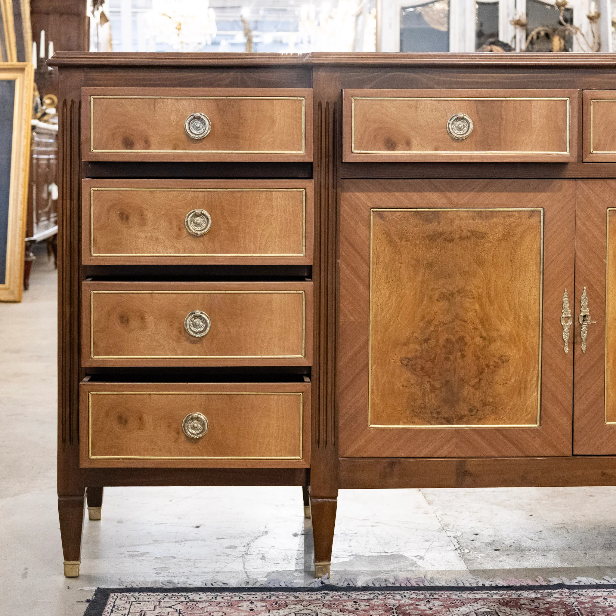 Louis XVI Burl Wood Sideboard with Gold Inlay & Brass Pulls - Image 3