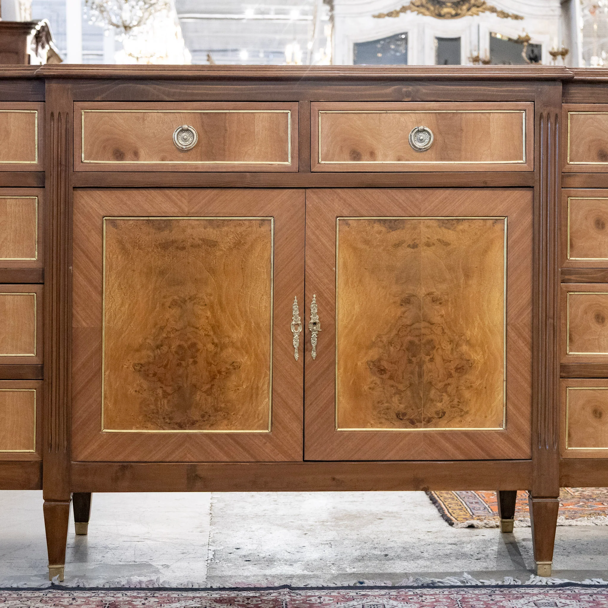 Louis XVI Burl Wood Sideboard with Gold Inlay & Brass Pulls - Image 4