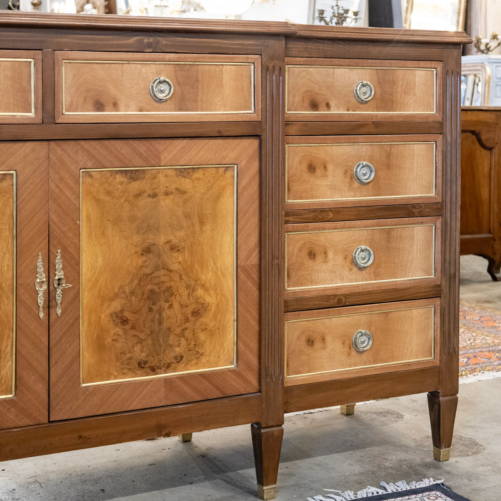 Louis XVI Burl Wood Sideboard with Gold Inlay & Brass Pulls - Image 7