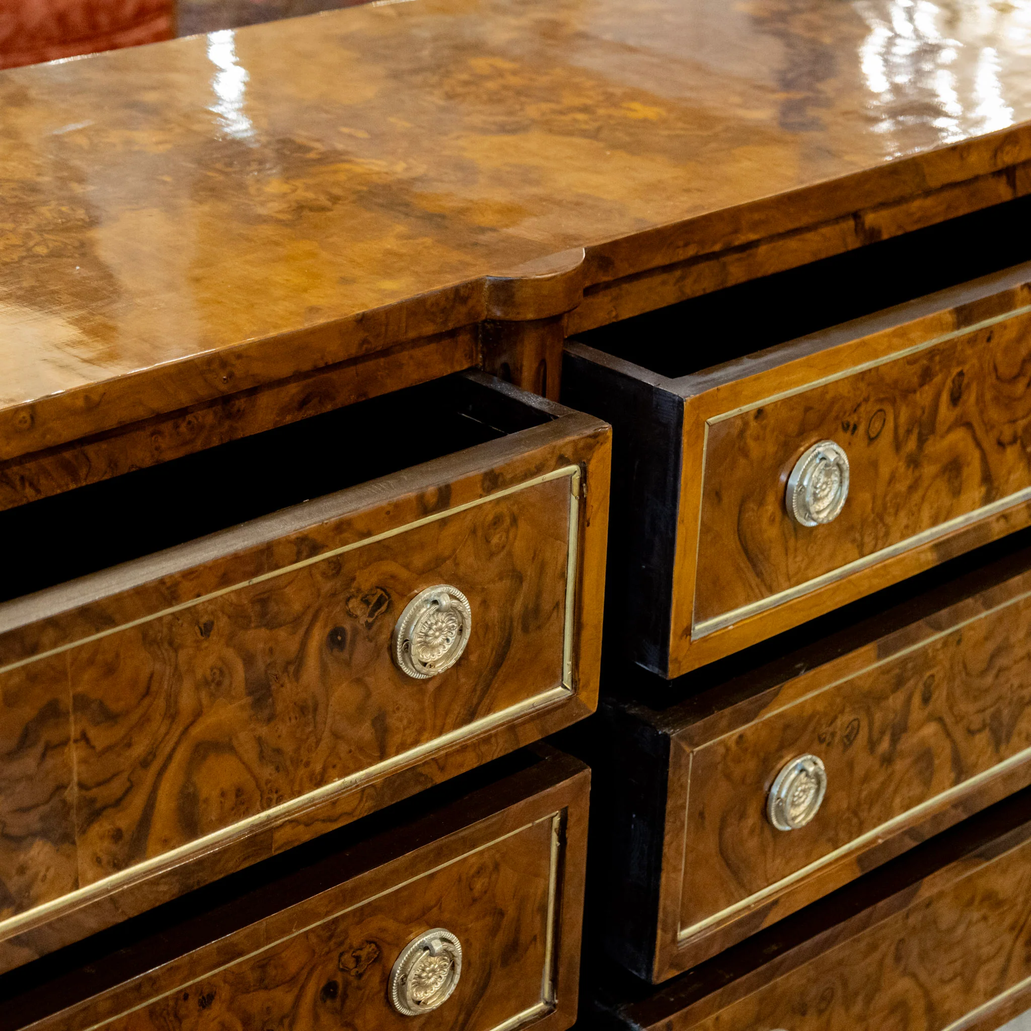 Louis XVI Burl Wood Six Drawer Dresser – Brass Inlay & Brass Pulls - Image 11
