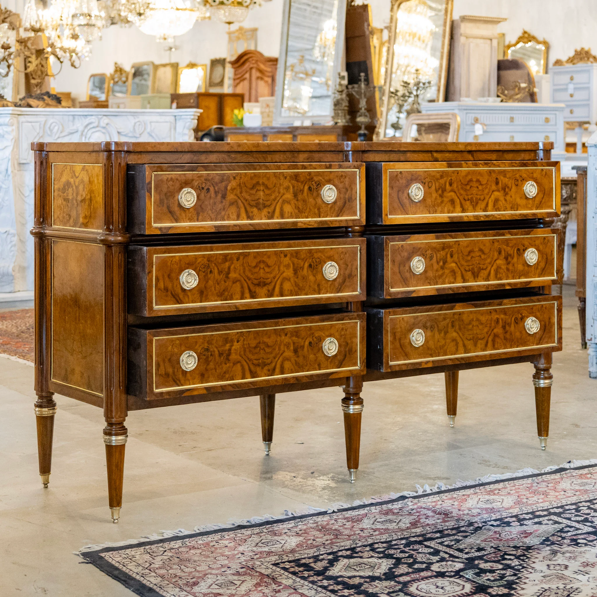 Louis XVI Burl Wood Six Drawer Dresser – Brass Inlay & Brass Pulls - Image 3
