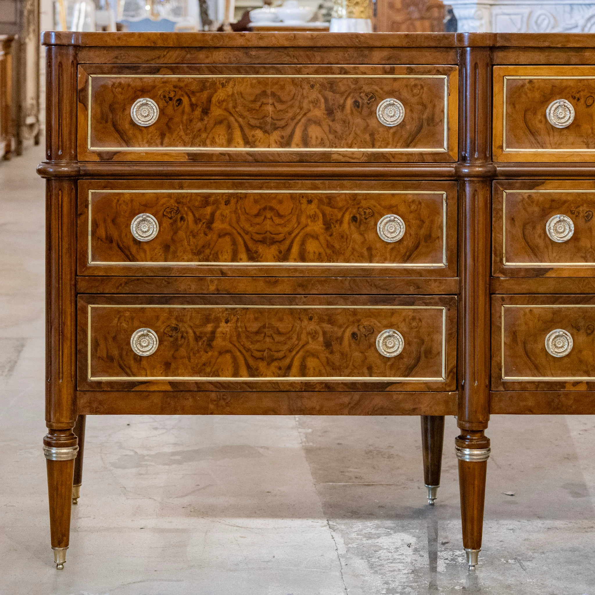 Louis XVI Burl Wood Six Drawer Dresser – Brass Inlay & Brass Pulls - Image 4