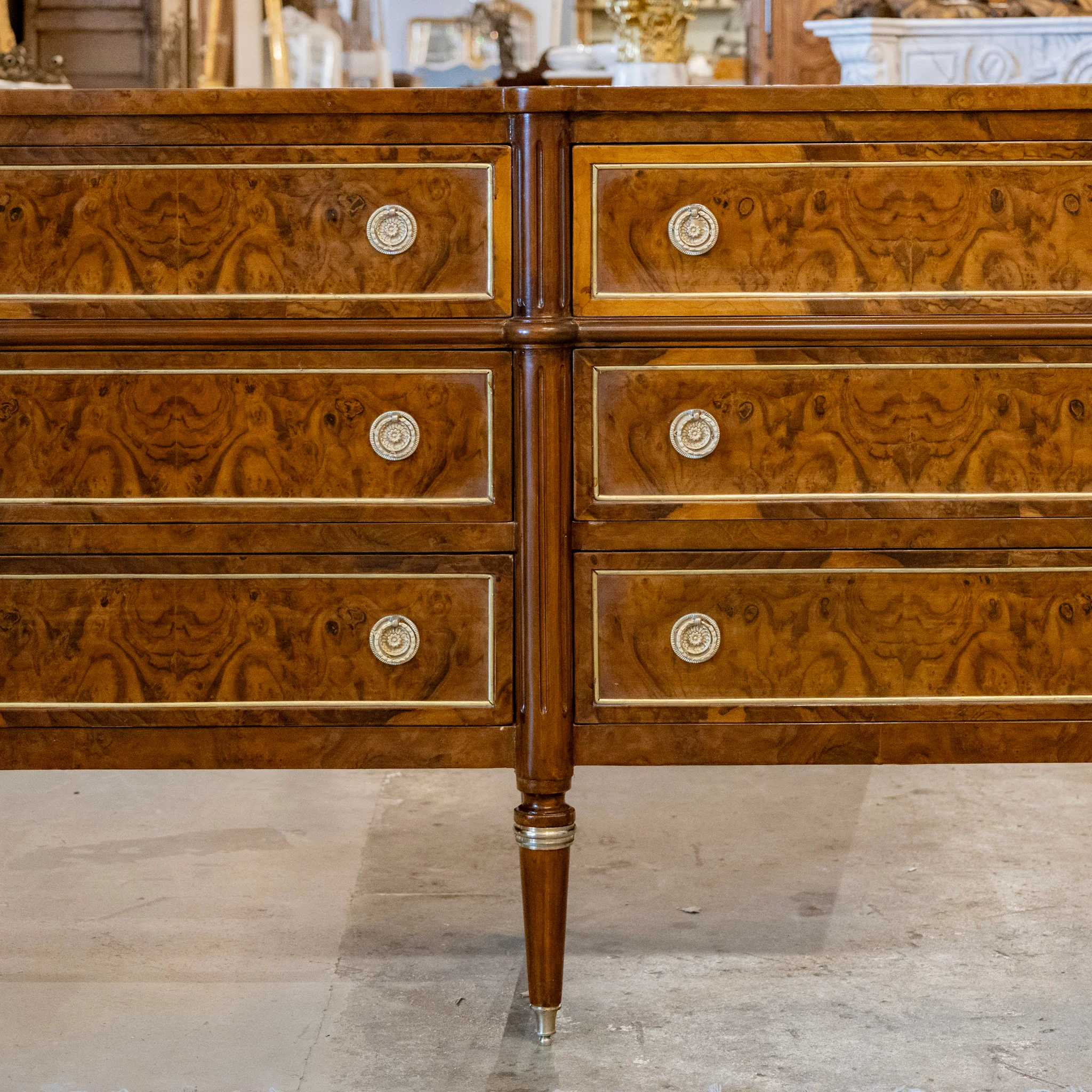 Louis XVI Burl Wood Six Drawer Dresser – Brass Inlay & Brass Pulls - Image 6
