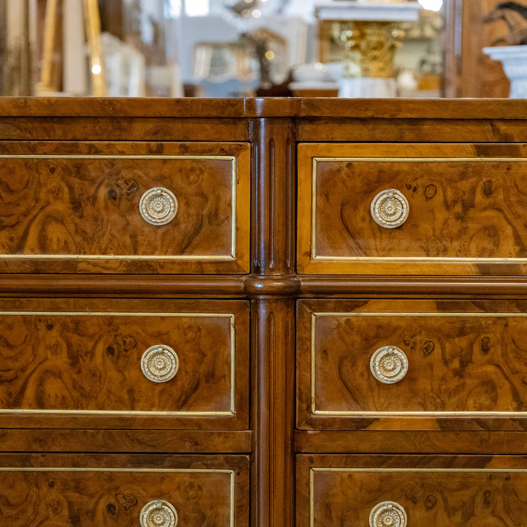 Louis XVI Burl Wood Six Drawer Dresser – Brass Inlay & Brass Pulls - Image 7