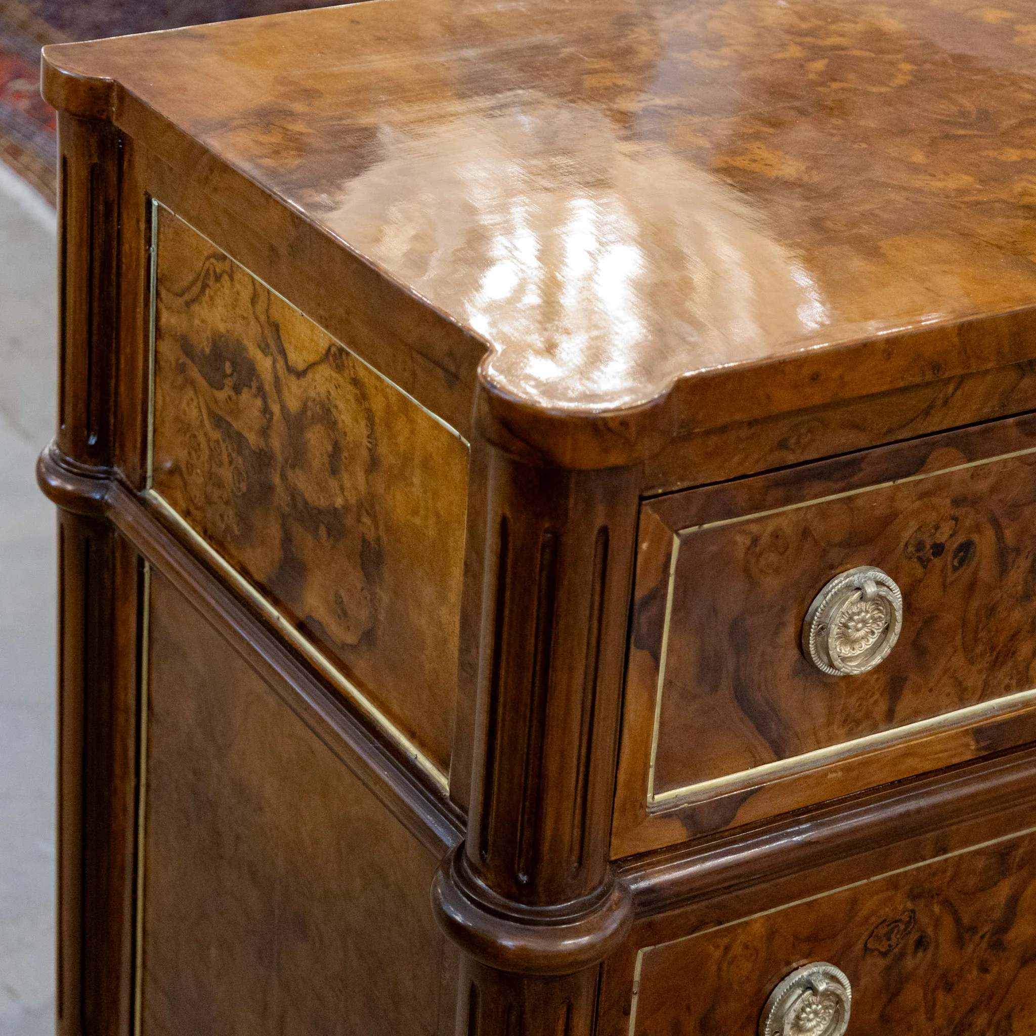Louis XVI Burl Wood Six Drawer Dresser – Brass Inlay & Brass Pulls - Image 9