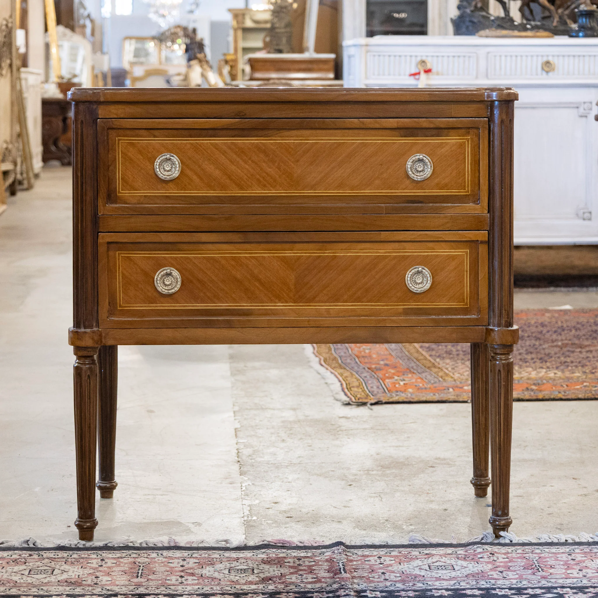 Louis XVI Burl Wood Two-Drawer Chest with Inlay & Round Pulls