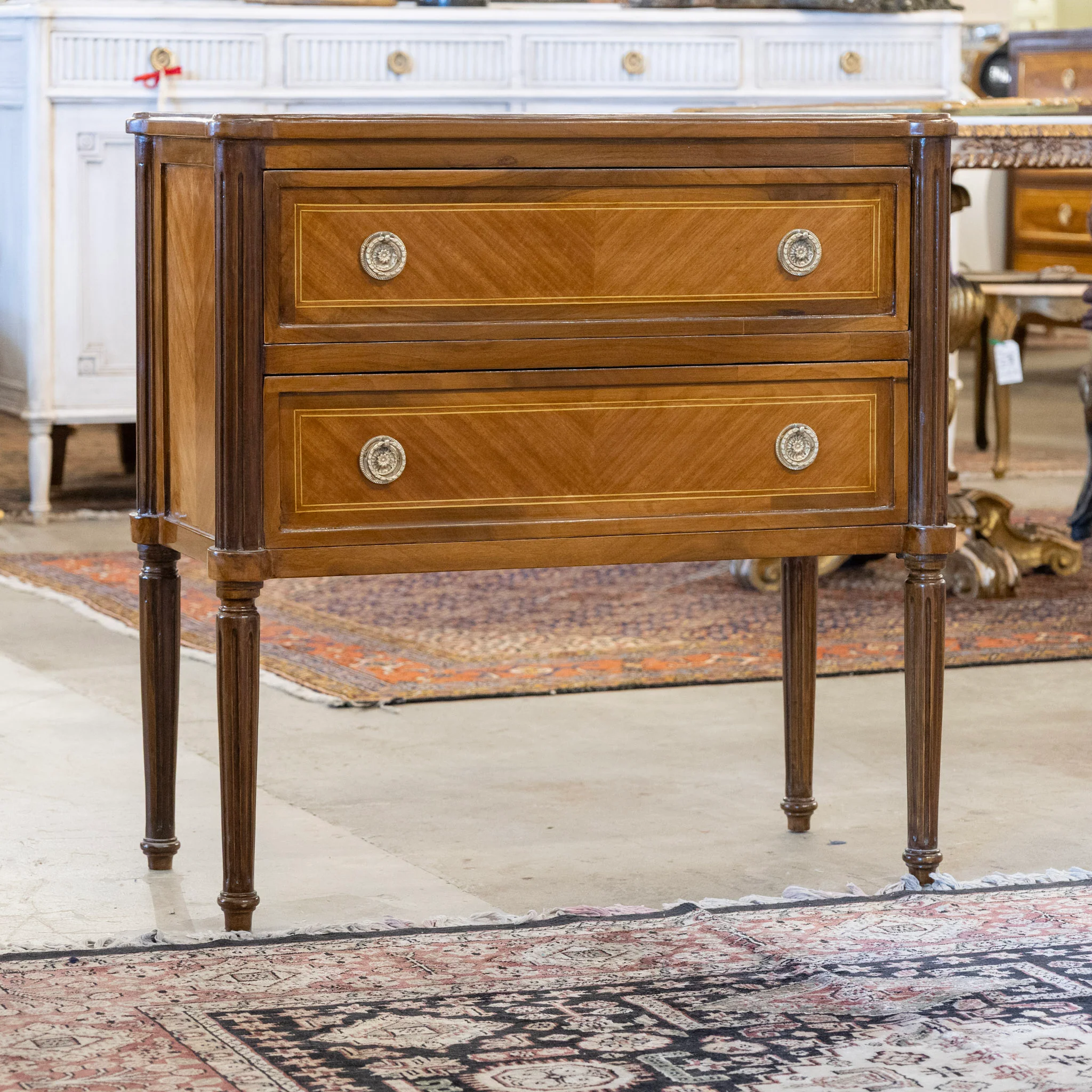 Louis XVI Burl Wood Two-Drawer Chest with Inlay & Round Pulls - Image 2