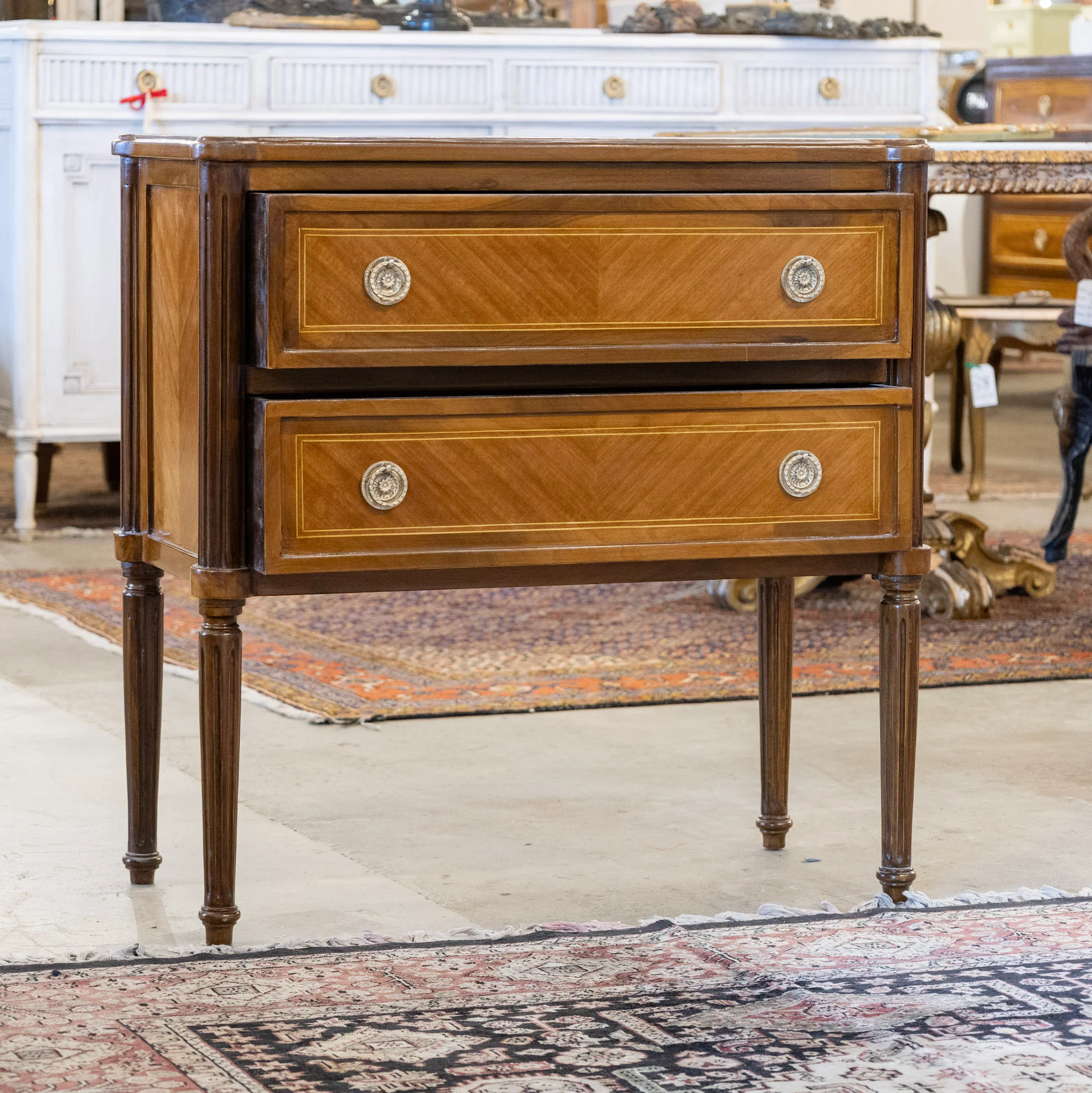Louis XVI Burl Wood Two-Drawer Chest with Inlay & Round Pulls - Image 3