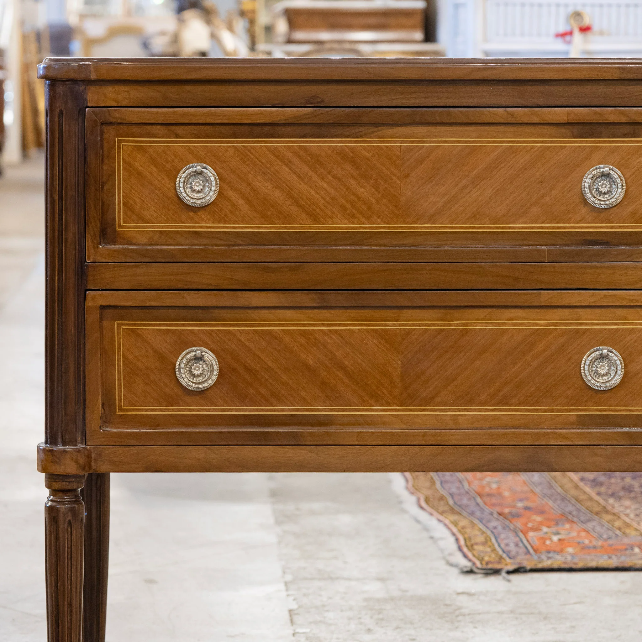Louis XVI Burl Wood Two-Drawer Chest with Inlay & Round Pulls - Image 4