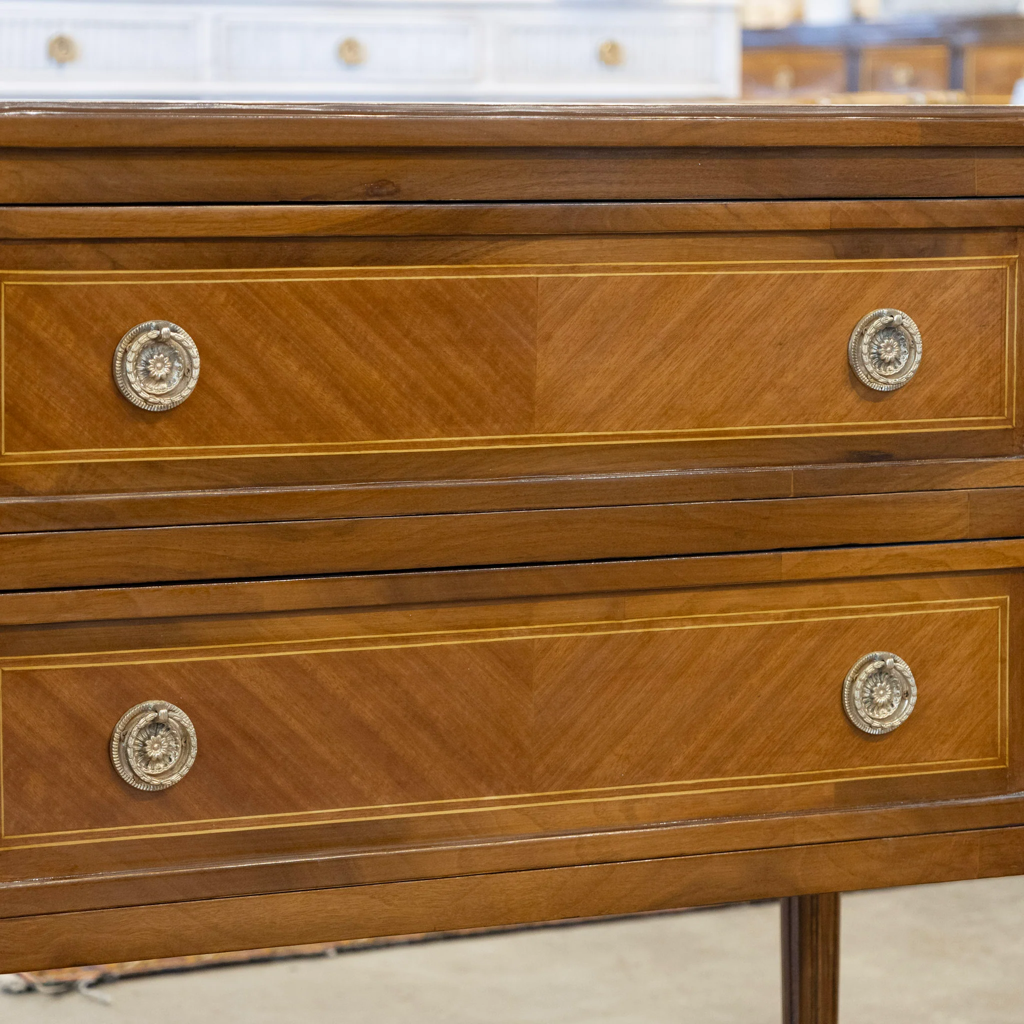 Louis XVI Burl Wood Two-Drawer Chest with Inlay & Round Pulls - Image 5
