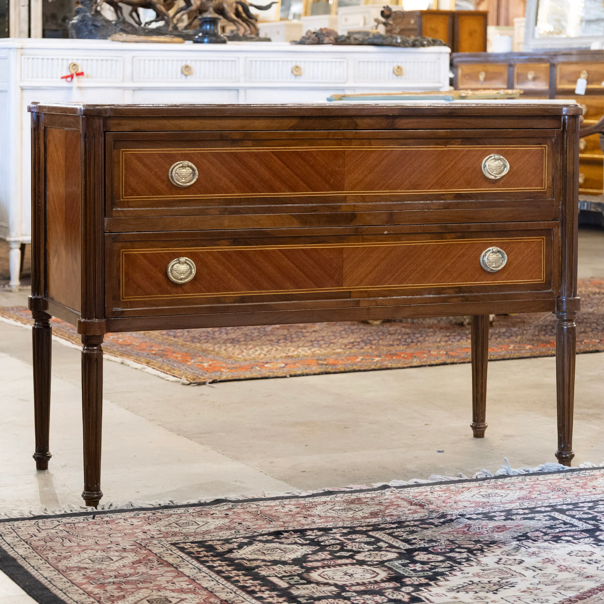 Louis XVI Burl Wood Wide Two-Drawer Chest with Inlay & Large Round Pulls - Image 2
