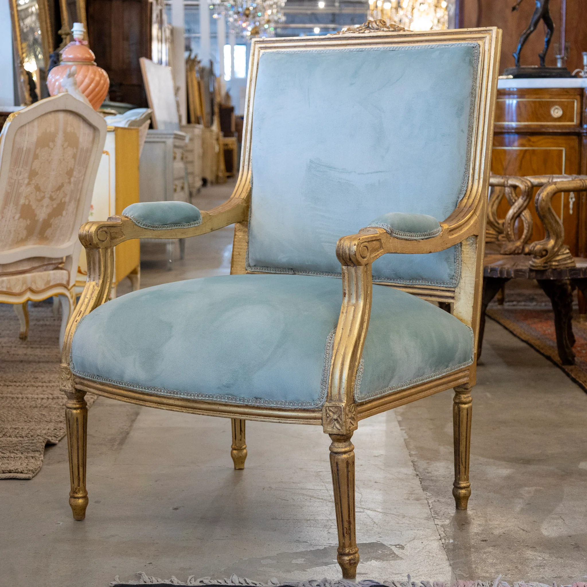 Louis XVI Gilded Captain Chair – Blue Velvet Upholstery - Image 3