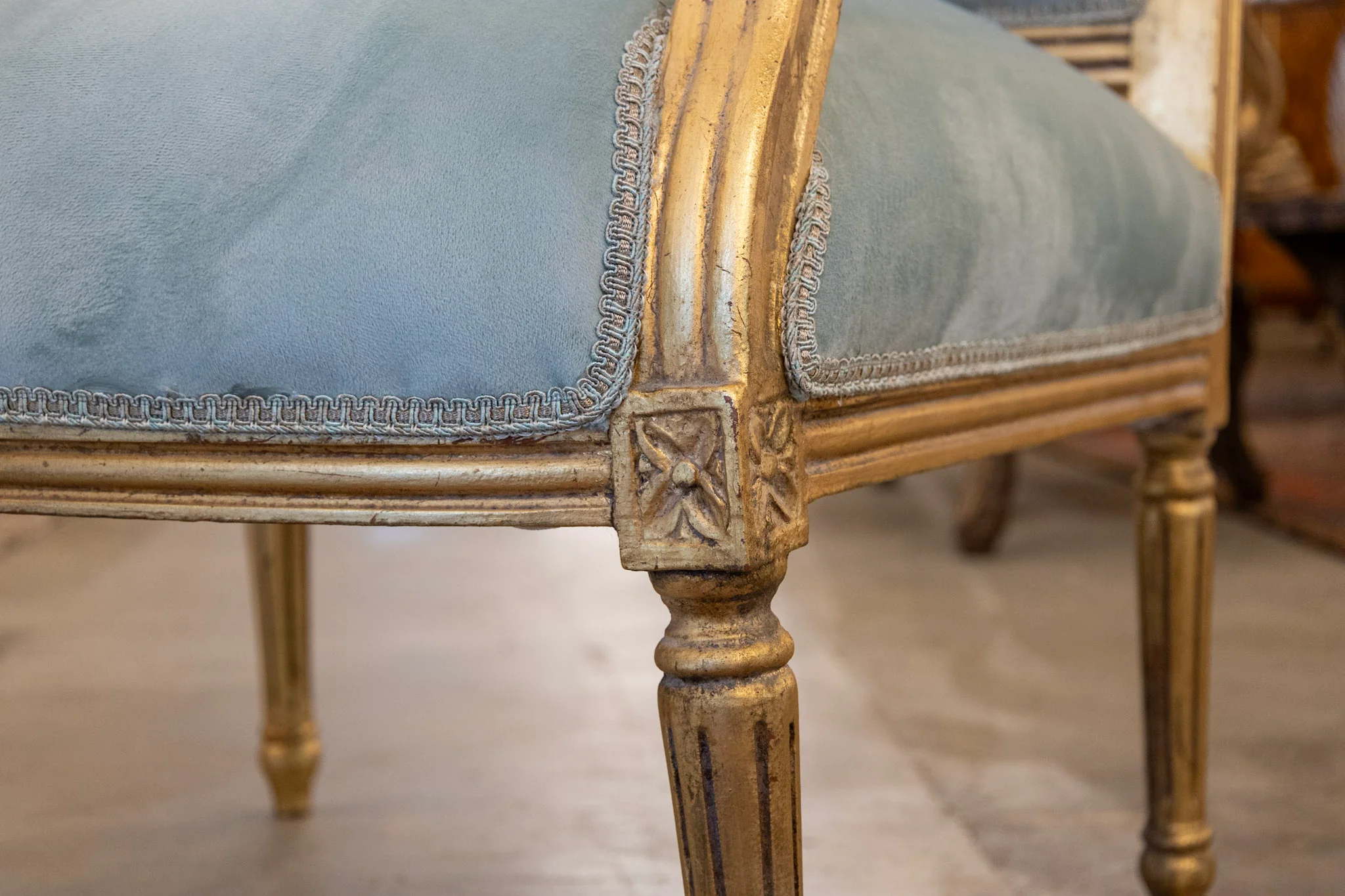 Louis XVI Gilded Captain Chair – Blue Velvet Upholstery - Image 8