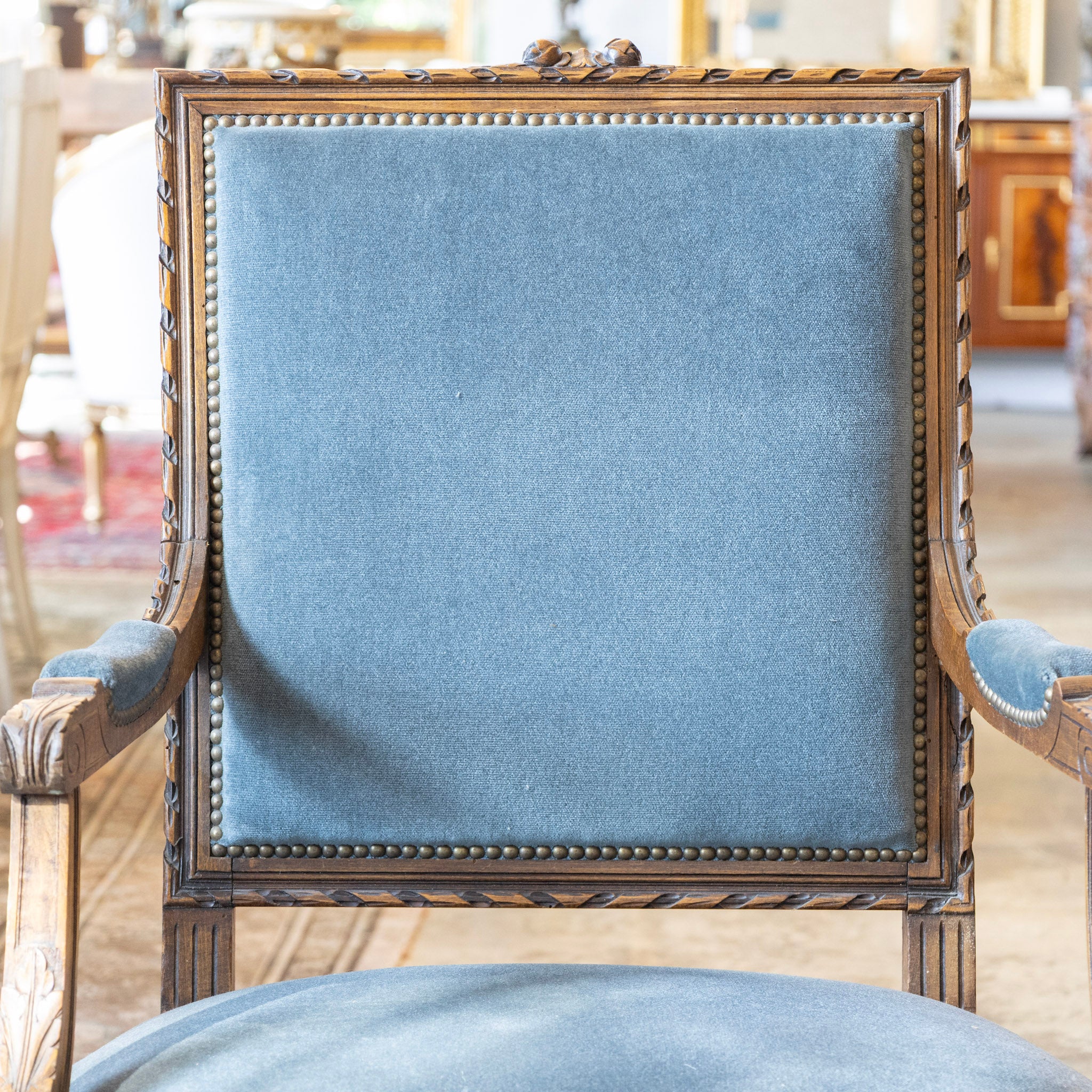 Louis XVI Carved Captain Chair – Wood Frame with Blue Velvet Upholstery - Image 3