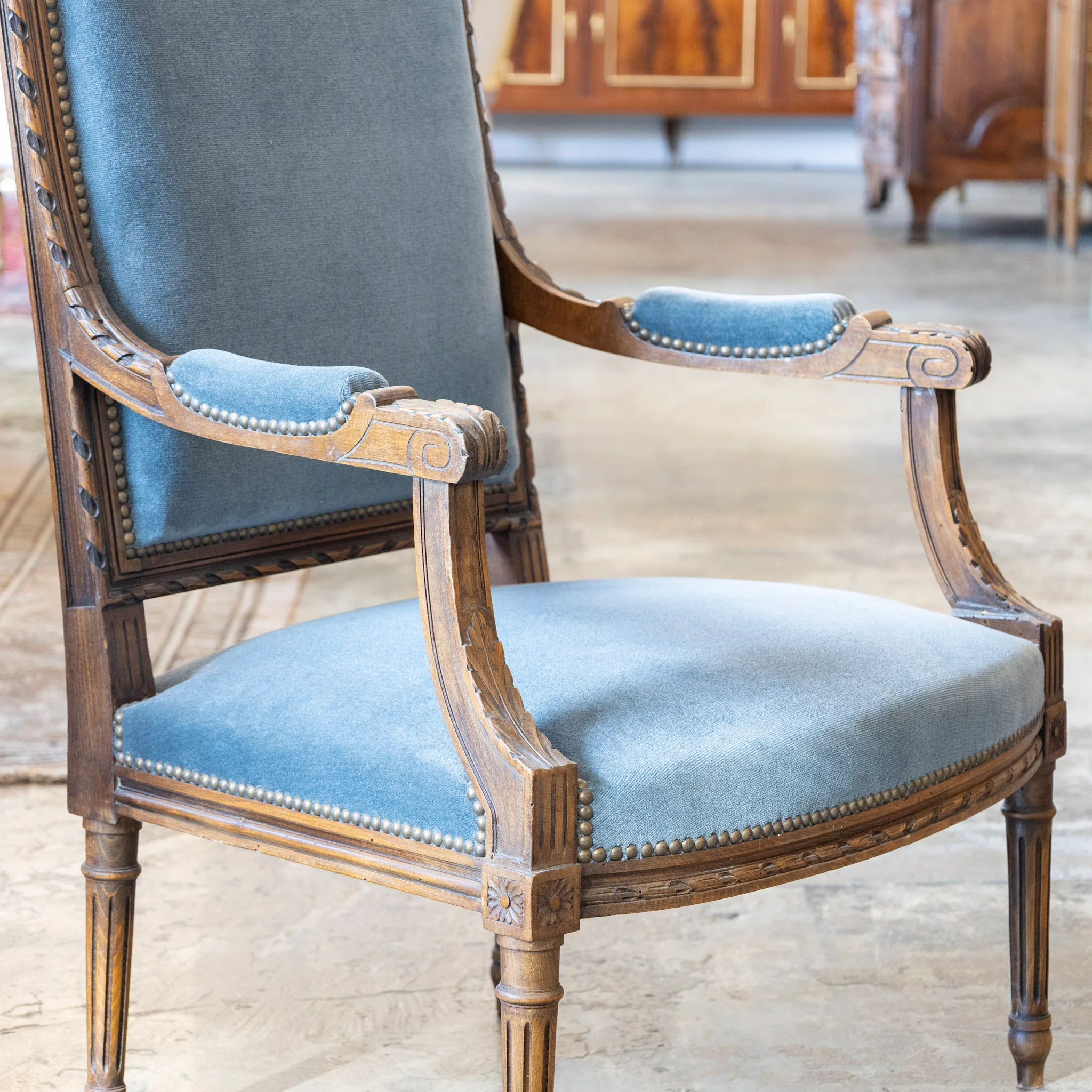 Louis XVI Carved Captain Chair – Wood Frame with Blue Velvet Upholstery - Image 4