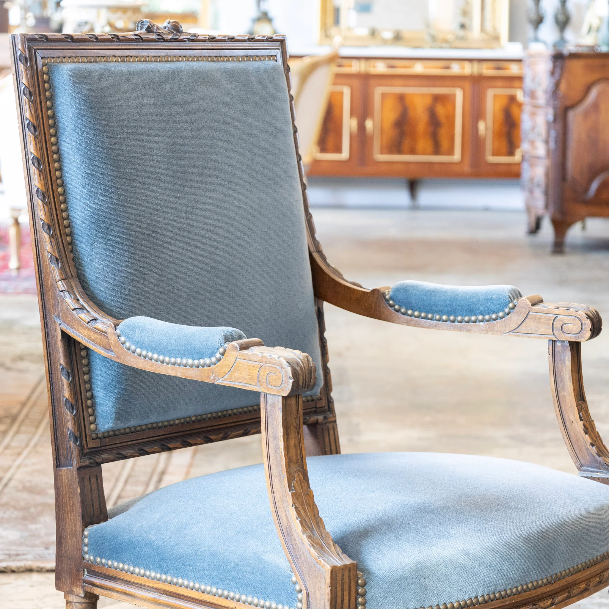 Louis XVI Carved Captain Chair – Wood Frame with Blue Velvet Upholstery - Image 5
