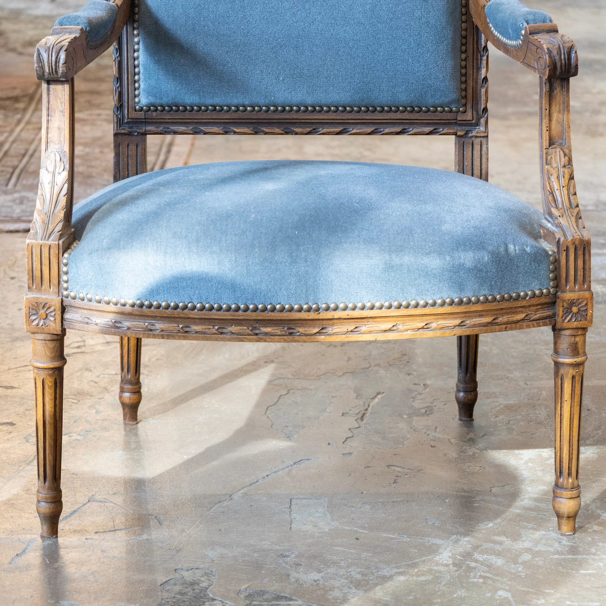 Louis XVI Carved Captain Chair – Wood Frame with Blue Velvet Upholstery - Image 6