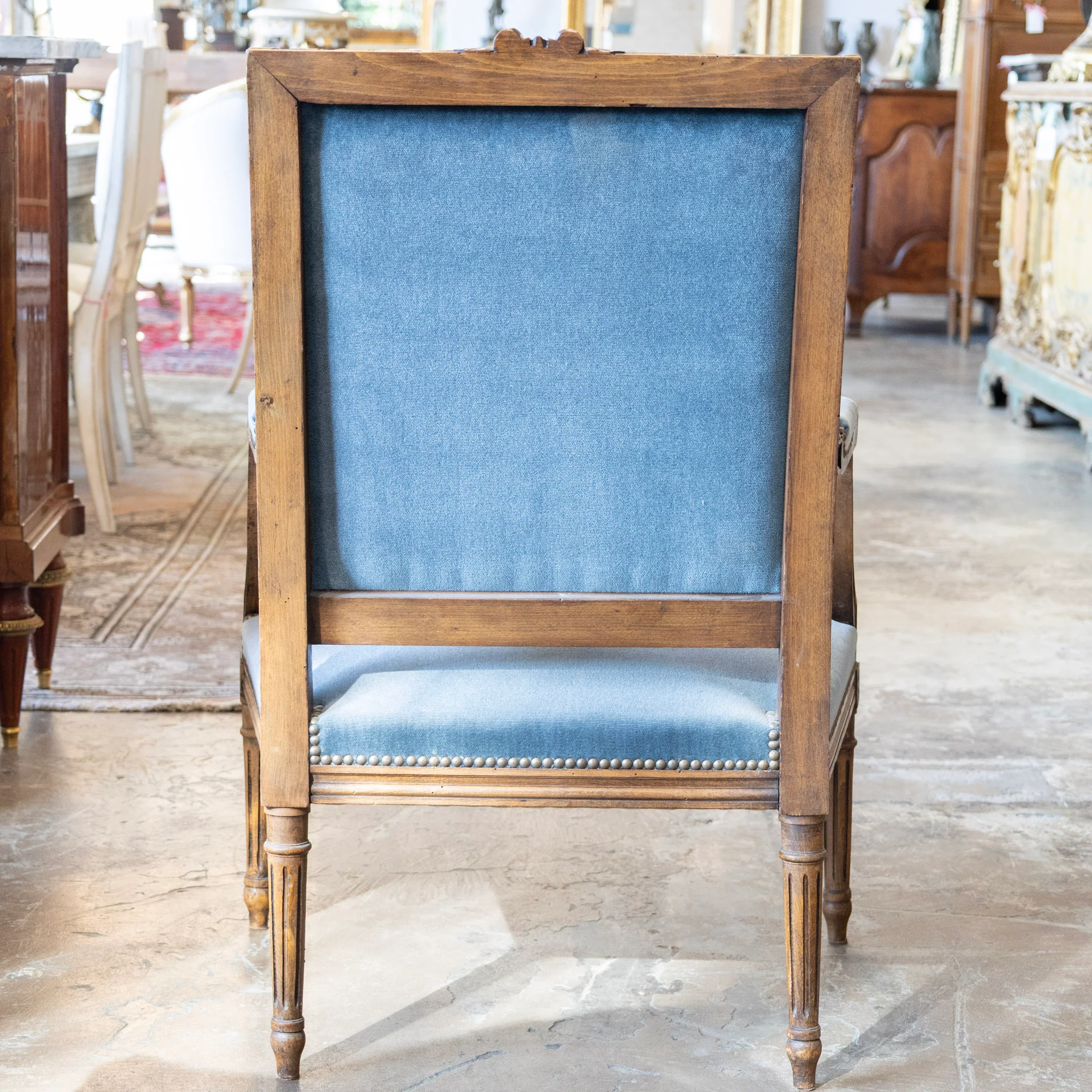 Louis XVI Carved Captain Chair – Wood Frame with Blue Velvet Upholstery - Image 7