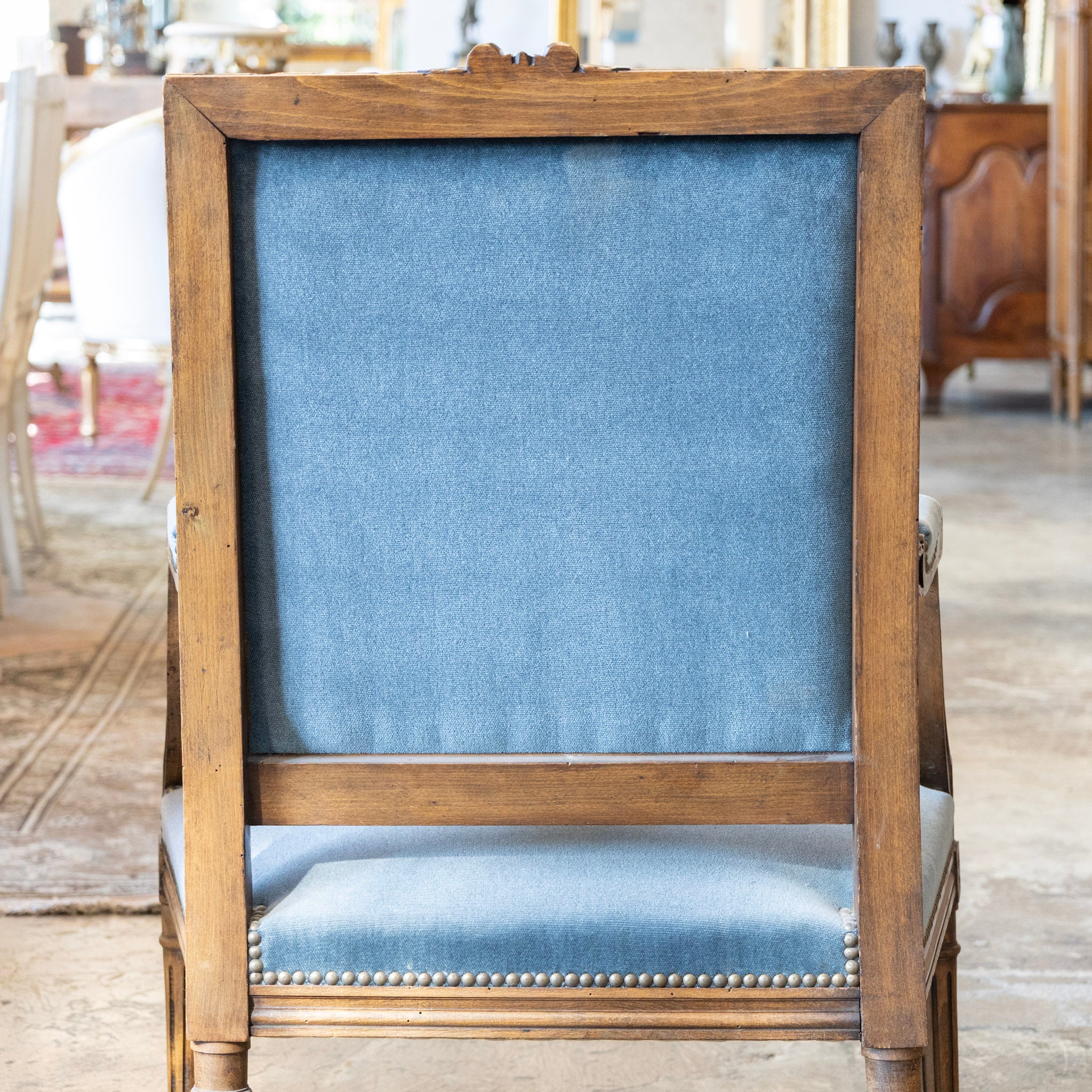 Louis XVI Carved Captain Chair – Wood Frame with Blue Velvet Upholstery - Image 8