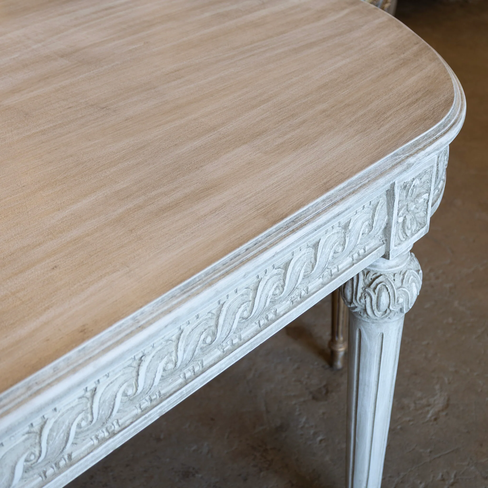 Swedish Carved Dining Table – Rope & Rosette Trim in French Grey - Image 4