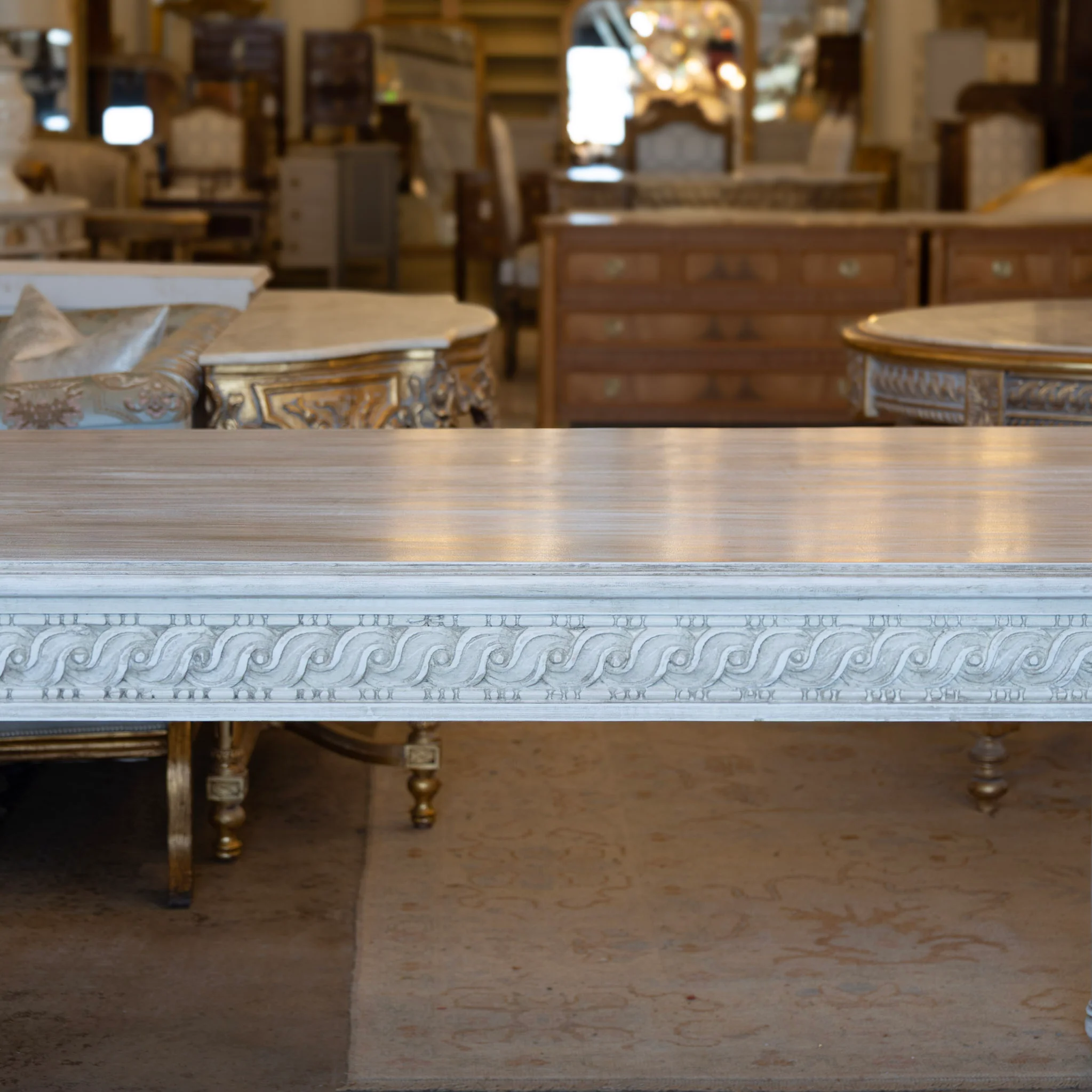 Swedish Carved Dining Table – Rope & Rosette Trim in French Grey - Image 5